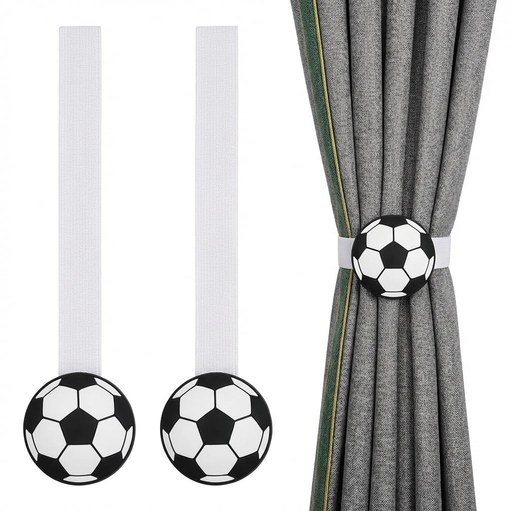 Football Magnetic Curtain Tiebacks Set of 2, Sports Theme Decorative Curtain Holdbacks, No Drilling Self-Adhesive Fixed Curtain Accessories for Boys Bedroom Kids Room Football Fan Home Decoration