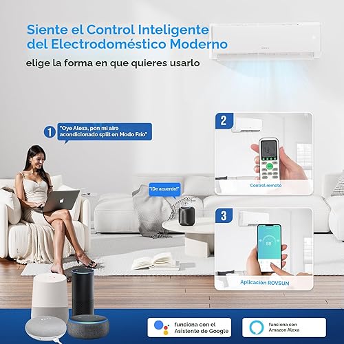 Miniatura 4 de ROVSUN Aire acondicionado y calentador mini split habilitado para Wifi de 11000BTU, 17 SEER2 115V inversor de pared sin conductos, unidad de CA con