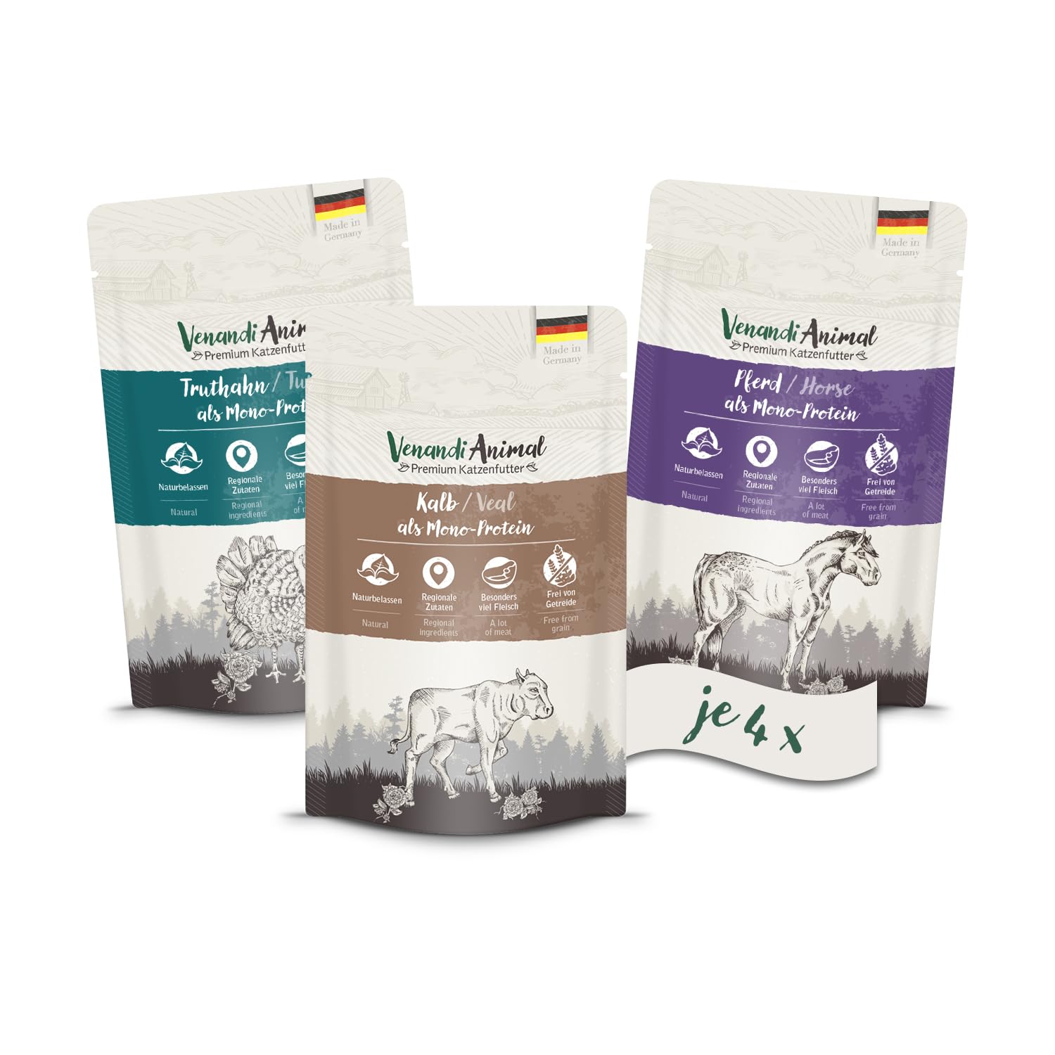 VenandiAnimal Comida húmeda de Calidad para Gatos - Pack de degustación II, Caballo, Ternera y Pavo, 12 x 125 g (Paquete de 12), sin Cereales y con Carne