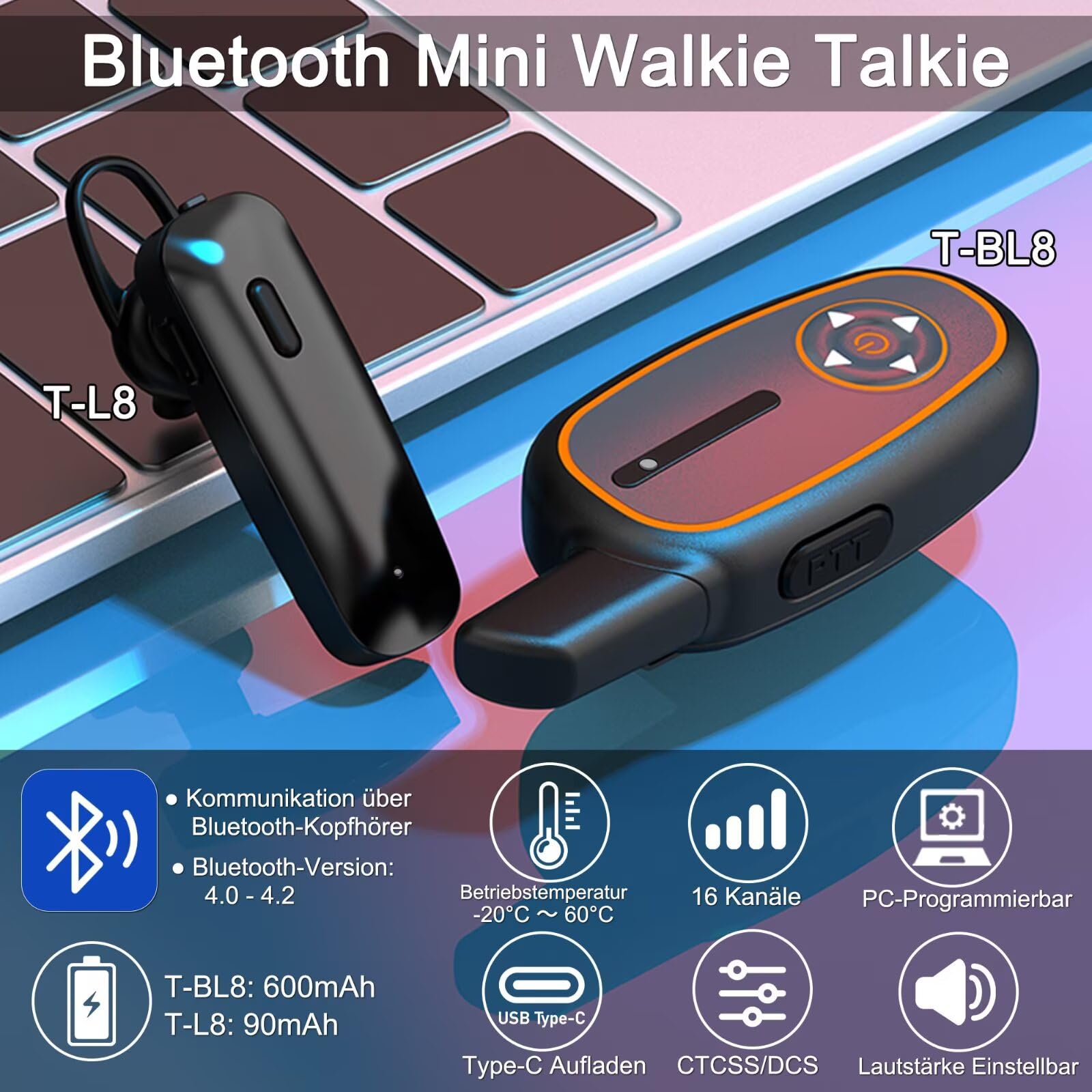 T-BL8 Bluetooth Mini Walkie Talkies mit Kabellosem Headset PMR446 | 16 Kanäle, Typ-C Wiederaufladbares, 3 KM, 28g Leicht, Bluetooth Funkgerät für Restaurant Hotel Sicherheit Outdoor, 2 Stück