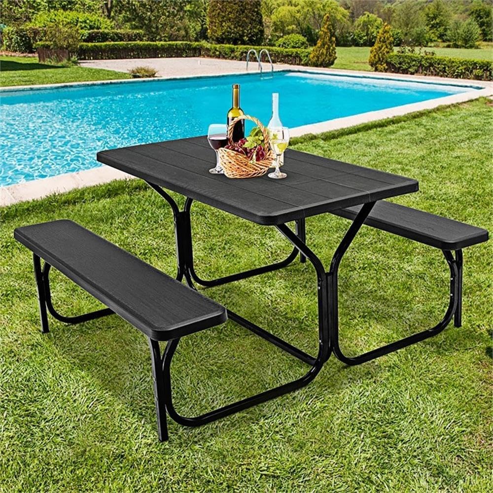 Pemberly Row Outdoor Picnic Table Bench Set, HDPE with Powder-Coated Steel Frame, Black Wood-Grain Finish, UV-Protected Weather-Resistant Design, Garden or Backyard Dining Furniture