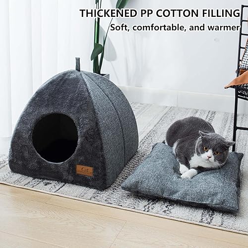 Miniatura 3 de Cueva para gatos, cueva de cama para gatos de interior, con almohadilla de cojín extraíble de doble cara esponjosa, casa escondida para gatitos,