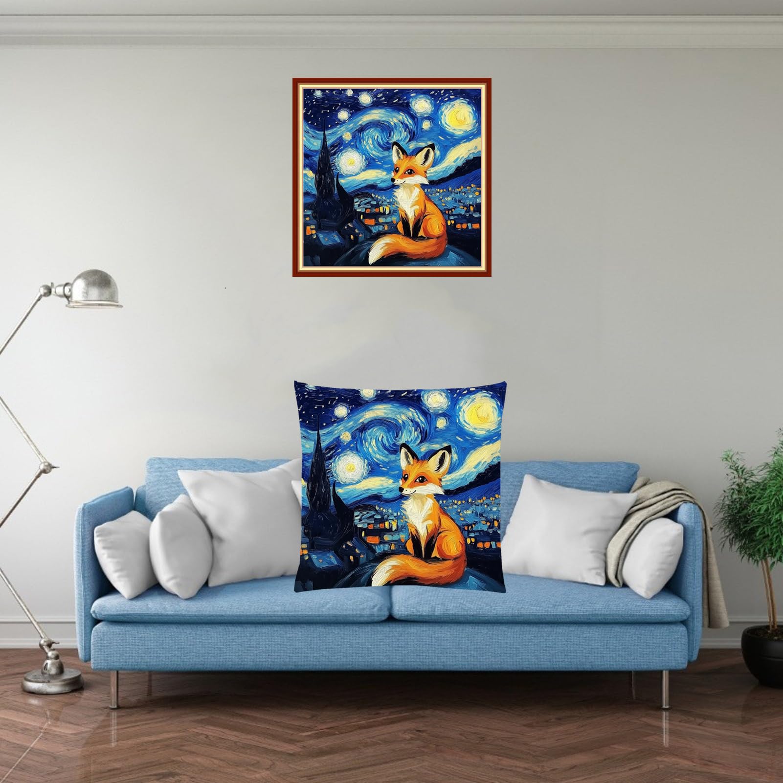 Fanxvivy Stamped Cross Stitch Kits for Adults Beginners Pillow Needlepoint Kit with Embroidery Pattern Needlework Kit Prestamped Stitches Kit 11CT Cross Stitching-Van Gogh Starry Fox 18x18 inch