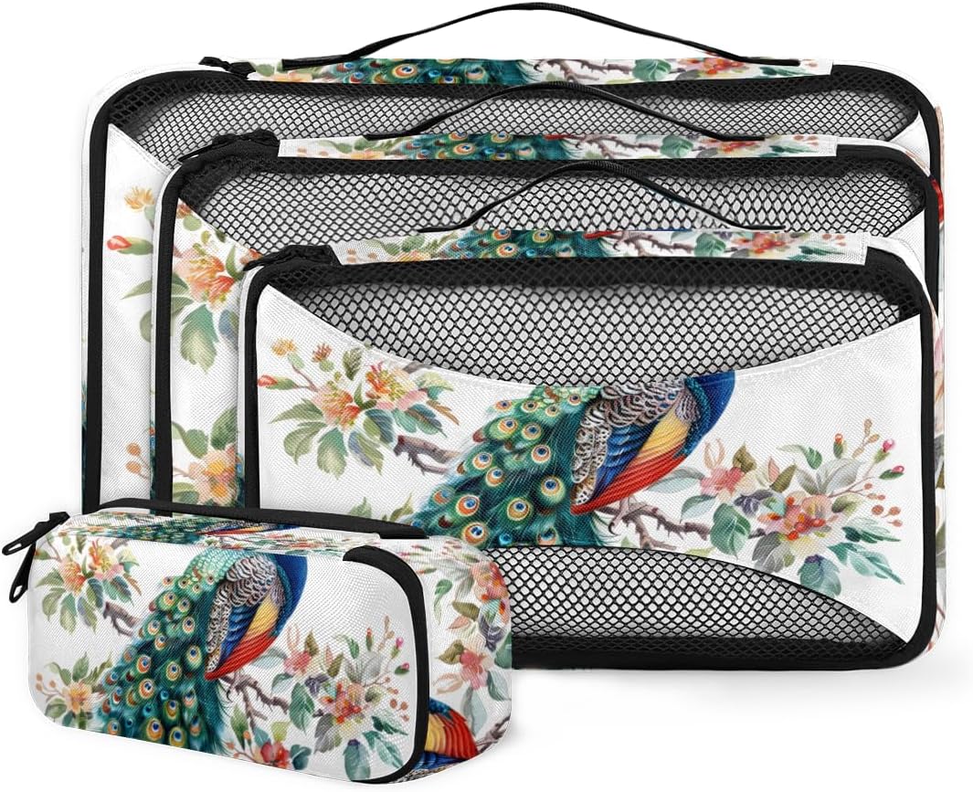 Art Peacock 4 Set Packing Cubes Packing Cubes for Women Lightweight Travel Essential Bag Clothes Carry on Suitcase Bags for Accessories Essentials