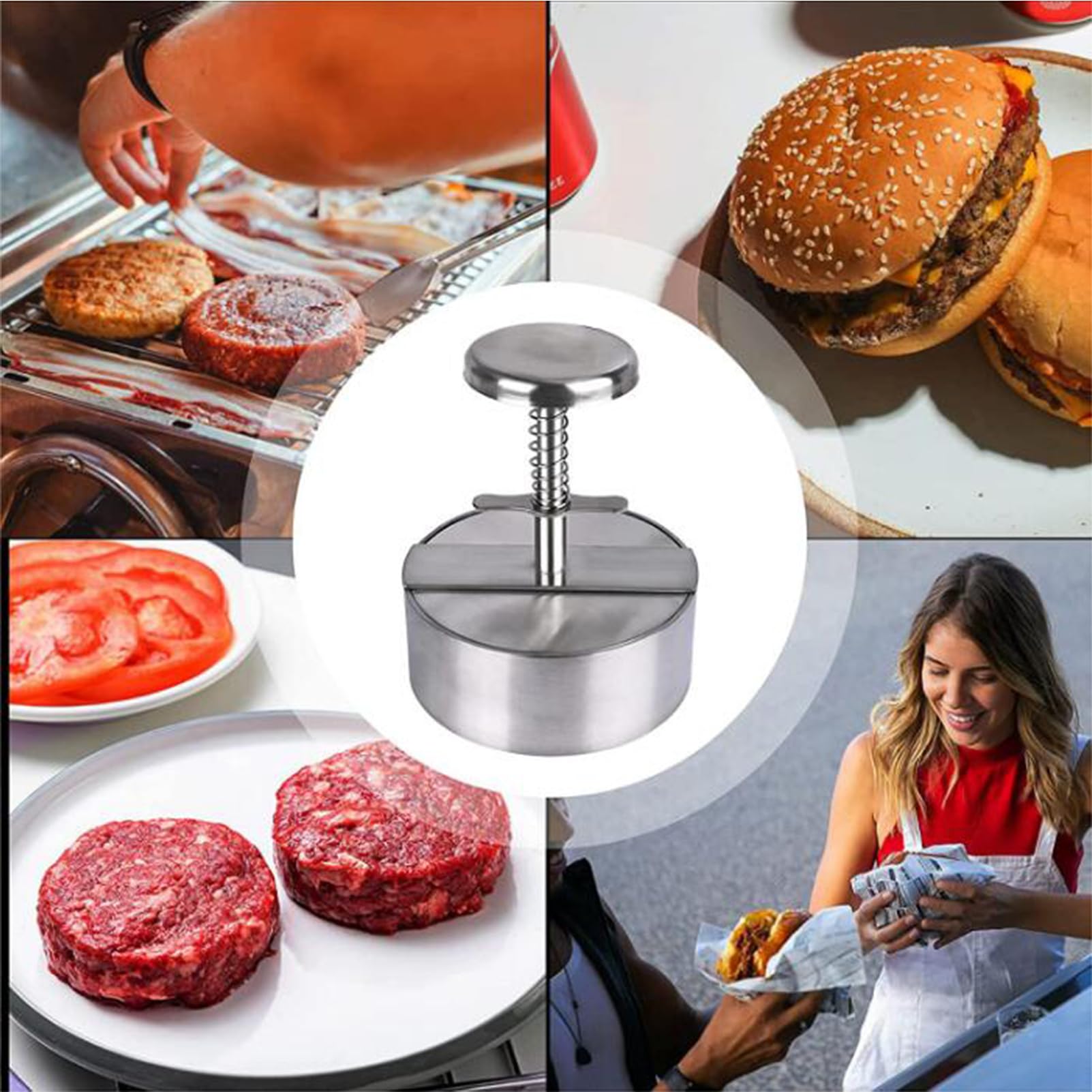 Edelstahl-Pattypresse, manuelle federbelastete Burgerpatty-Form, DIY-Reisbällchen-Füllform – ideal für Heimküchen, Grillpartys, Cafés und Restaurants,Silber,14 x 5 x 11.4 cm