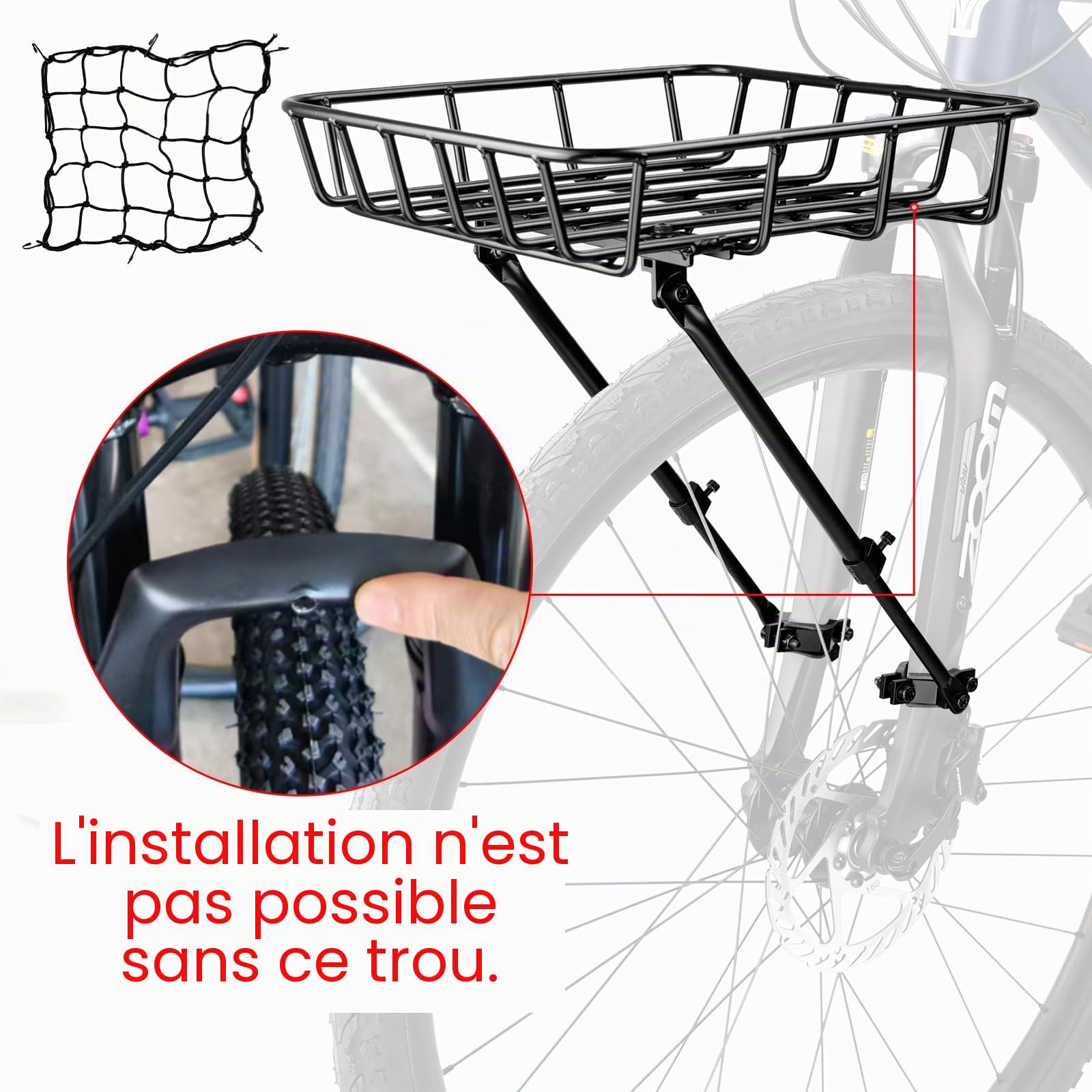 Panier de vélo avant - Panier avant de grande capacité, léger - Panier en aluminium solide avec entretoises de maintien - Réglable pour vélos de 26 à 29 pouces - Outils de montage et filet