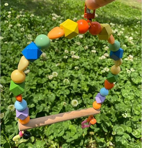 Wooden Bird Swing for Cockatiels Parrot Perch Hanging Toys Parakeets Birdcage Stands Cage Playground Play Gyms Accessories Colorful Bead Bell Climbing Toy for Lovebirds Conures Budgies(Multi-colored,Large)