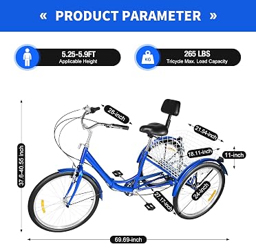 24'' Adult Tricycle, 7 Speed Adult Trike With Shopping Basket