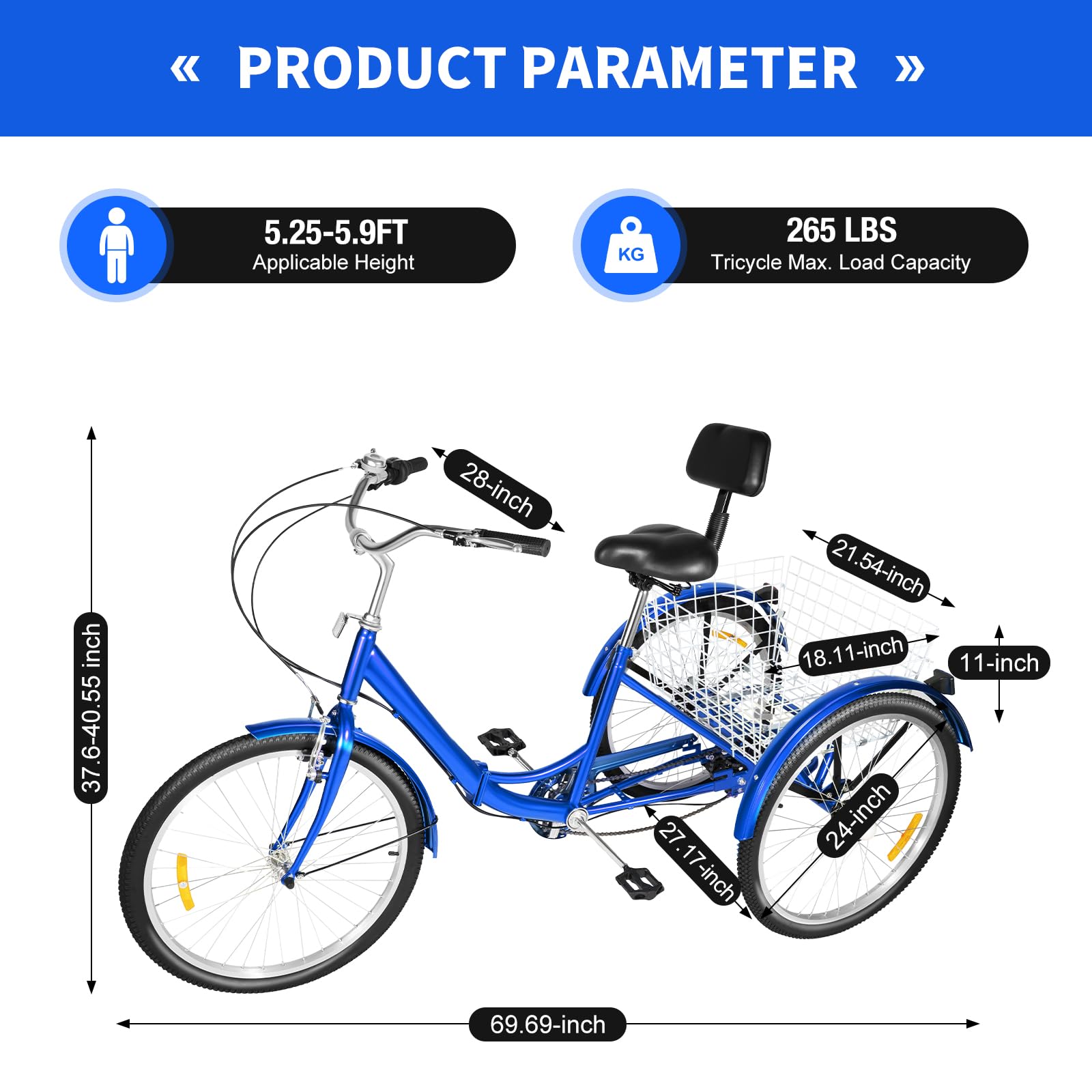24 Pollici Triciclo per Adulti, 7 Velocità Pieghevole 3 Ruote Cruise Bike in Acciaio ad alto Tenore di Carbonio, Triciciciclo Bici da Crociera con Cestino Mudguard , Capacità di Carico 120kg (blu)