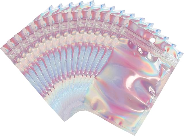 Meowoo 100Pcs Mylar Bags, Resealable Smell Proof Bags, Pouch Foil Holographic Bags Zip Lock Food Storage Bags for Candy Snack Jewelry (/10x15cm)