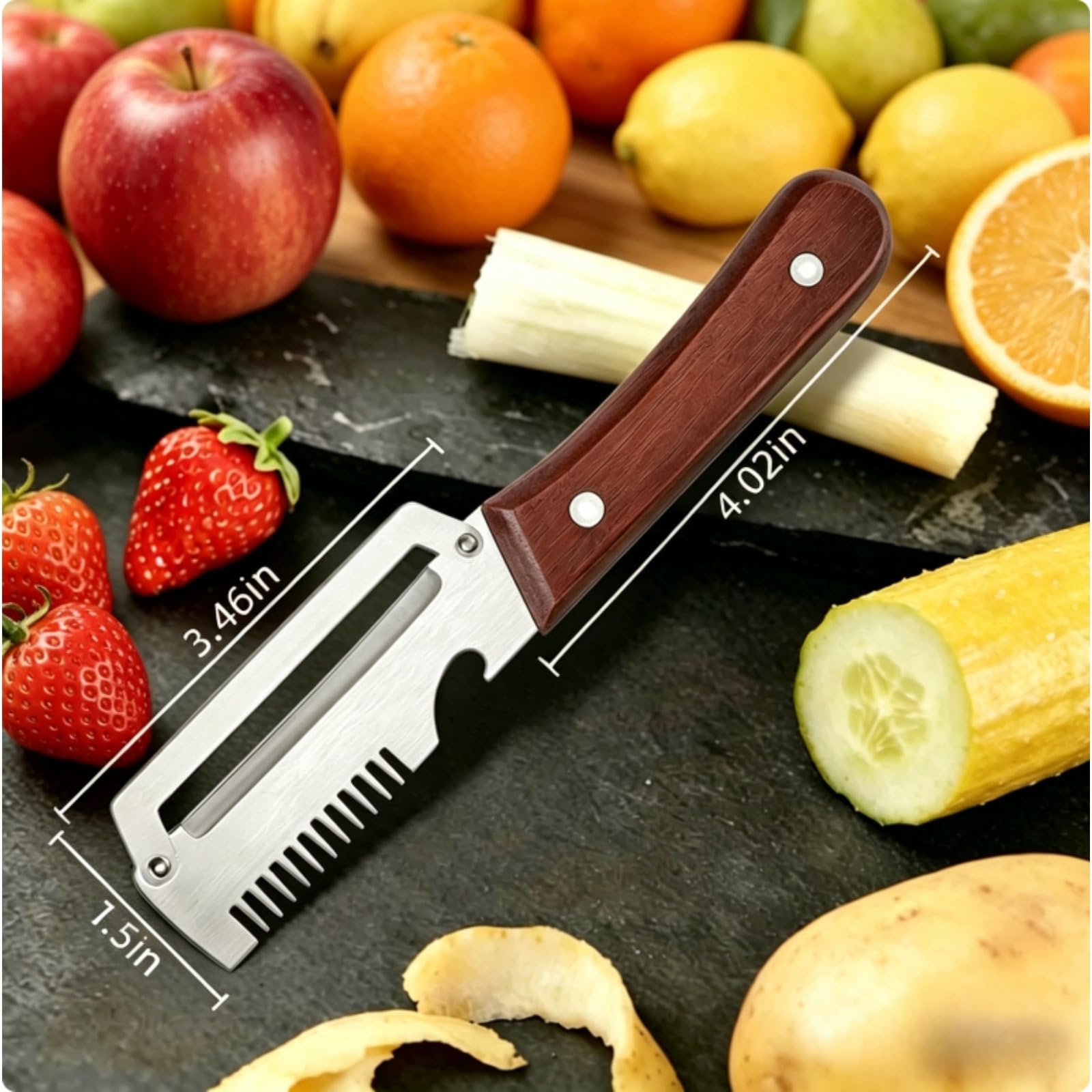 2-Pack Multifunctional Vegetable Peeler, 3 in 1 Kitchen Peeler with Wooden Handle, Grater & Bottle Opener for Potato, Carrot, Apple, Fruit & Vegetable — view 7