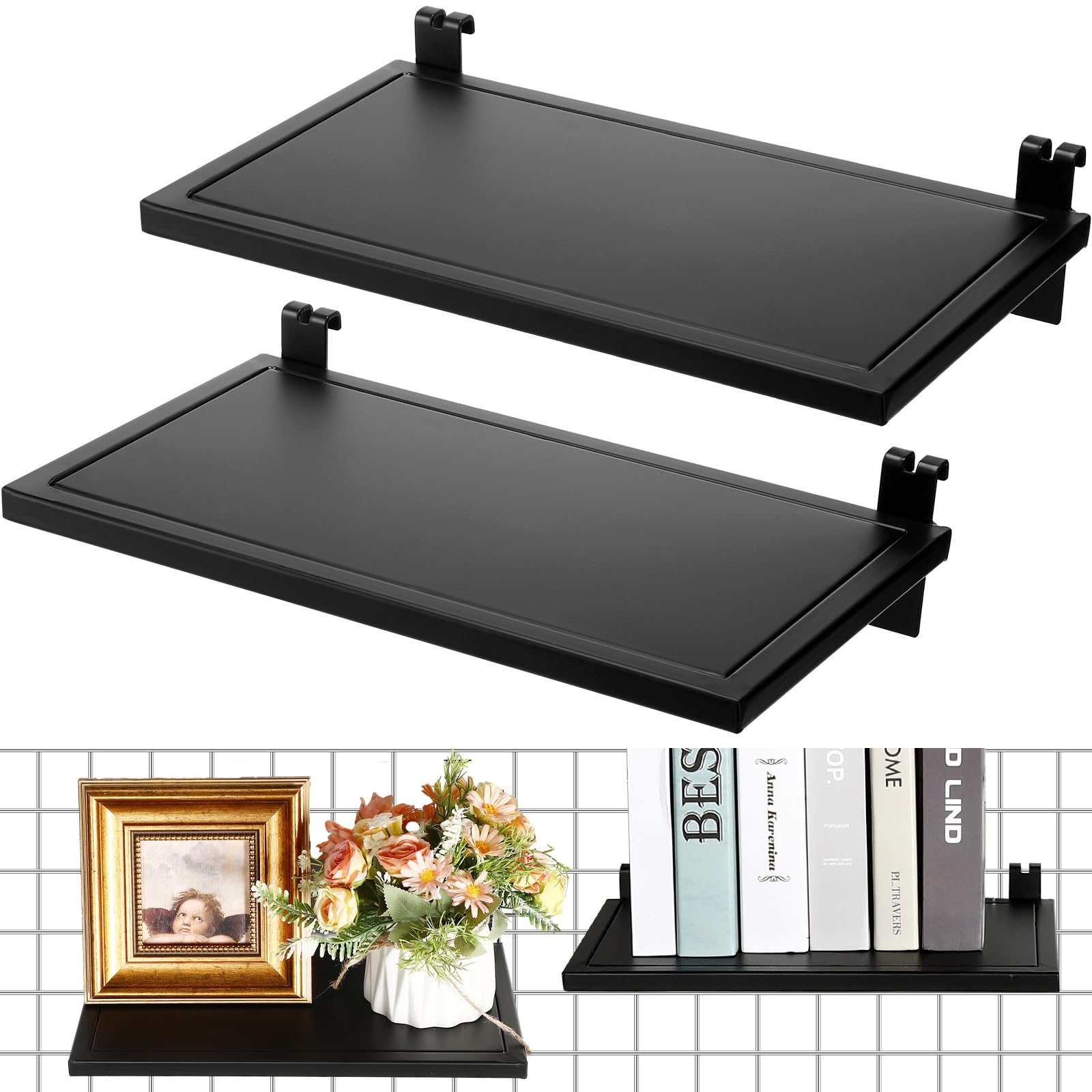 Zonon 4 Pack Gridwall Shelf Metal Grid Wall Panel Display Stand Heavy Duty Shelves Gridwall Accessories for Home Retail Store Art Fair Display Wall Craft Show Trade Show Business(13.8'' X 7.9'',Black)