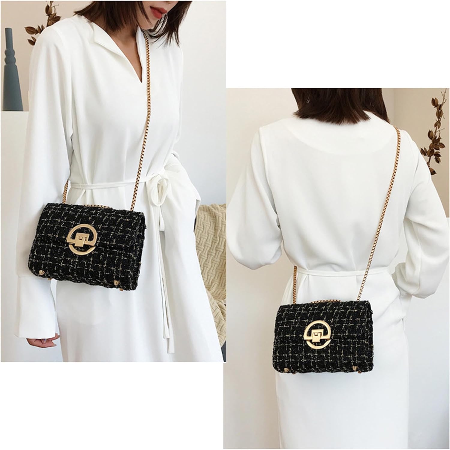 Women Tweed Small Shoulder Bag Handbag and Purse Fashion Ladies Chain Quilted Crossbody Bag Evening Bag Clutch - Image 2