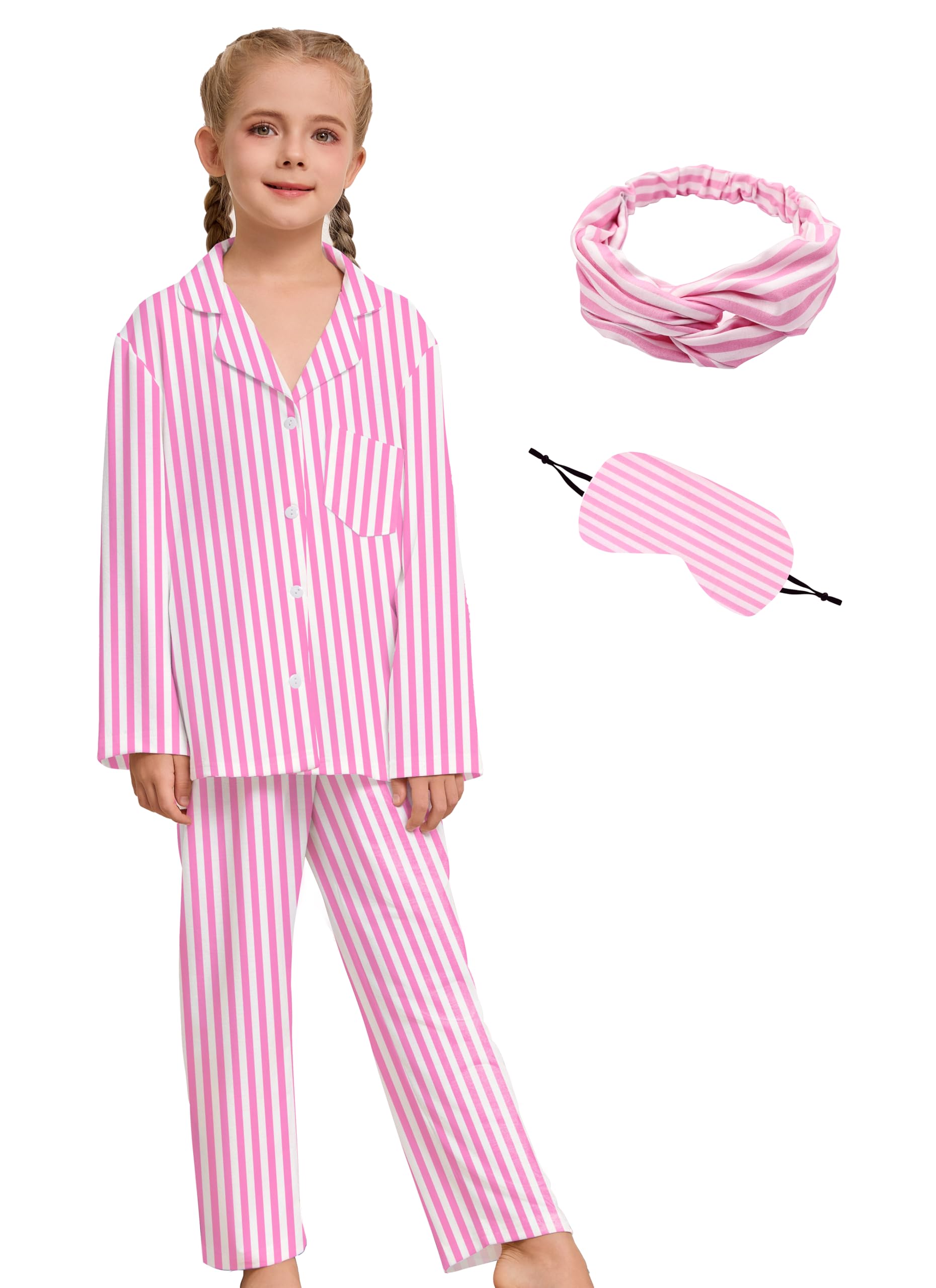 SEALINF Kids Girls Pajamas Long Short Sleeve Pjs 2 Piece Pj Set with Eye Mask Headband Button Down Sleepwear