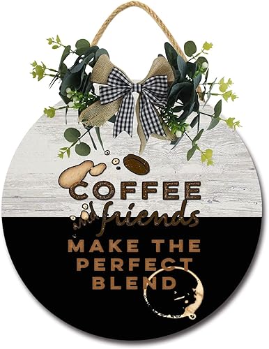 Coffee Friends - Percha redonda de madera para puerta, guardería, puerta delantera, decoración de perilla de puerta, letrero de sala de estar,