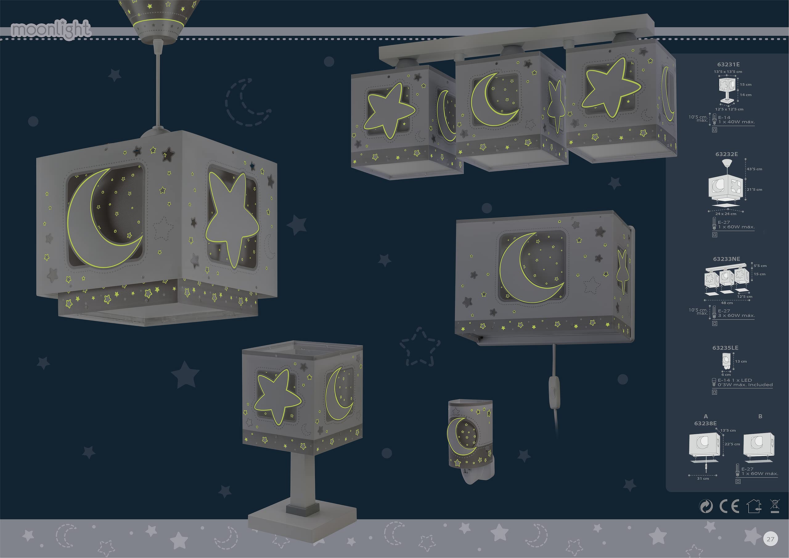 Dalber Lustre Chambre Enfant Moonlight lune et étoiles Gris, lampe suspension E27