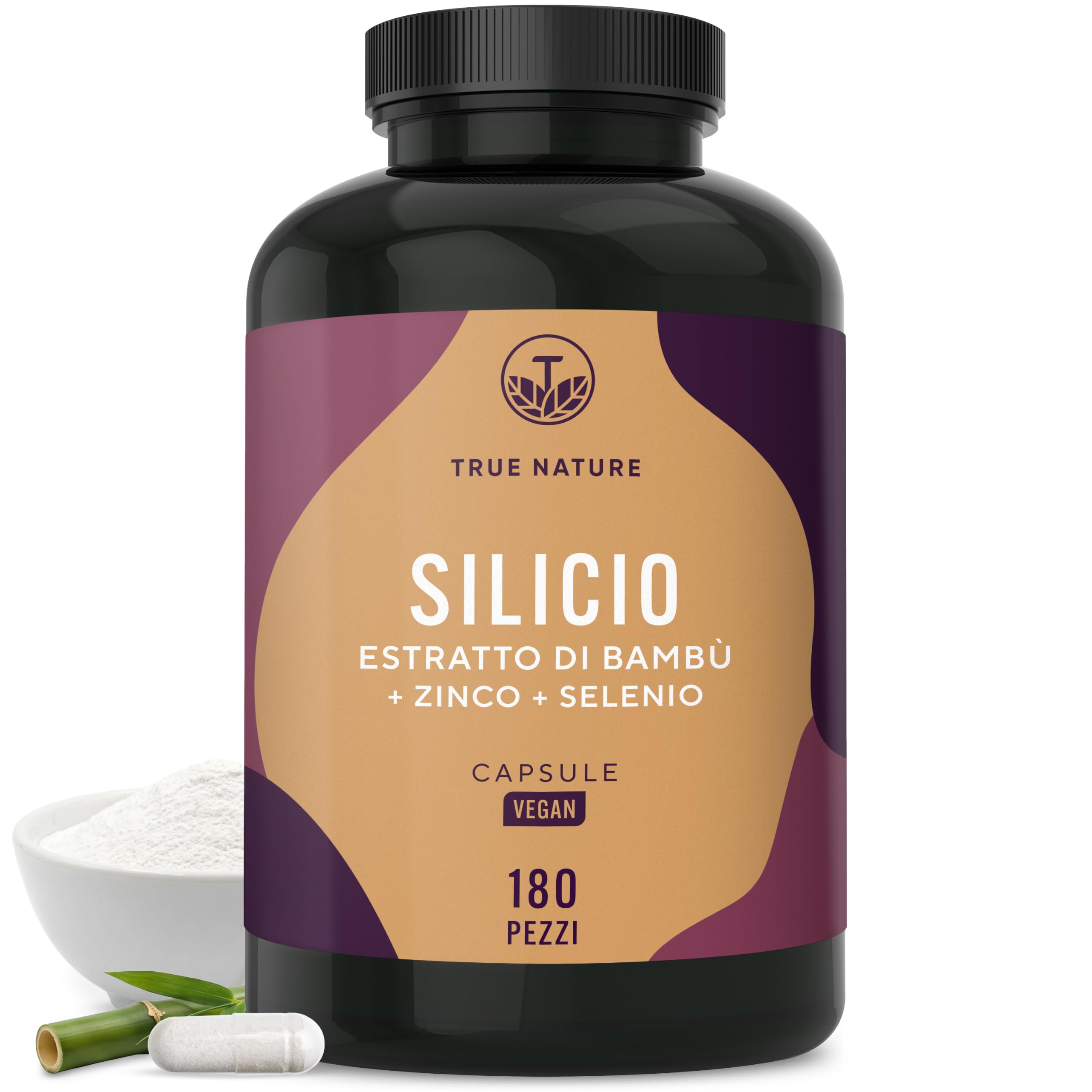 Capsule di Silicio - 180 Capsule per 6 Mesi - Alto Dosaggio - Con Zinco & Selenio - Silicio Organico ad Alto Dosaggio da Estratto di Bambù Indiano - 643 mg - Vegano - TRUE NATURE