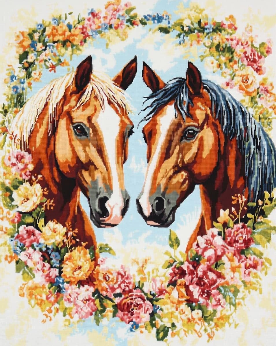 WallustrioaW Embroidery Kit for Beginners,Two Horses,Cross Stitch Kit with Pattern and Instructions,11CT Hand Crafts Embroidery for Adults,40x50cm
