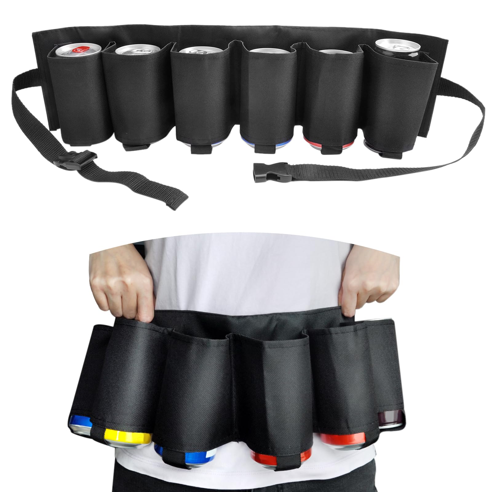 TNSLAND Portable Beer Belt Beer Soda Can Belt Holder Belt Drink Can Belt Schnapps Belt Beer Bottle Holder Beer Holder 6 Drinks for Camping Hiking Outdoor Party (Black)