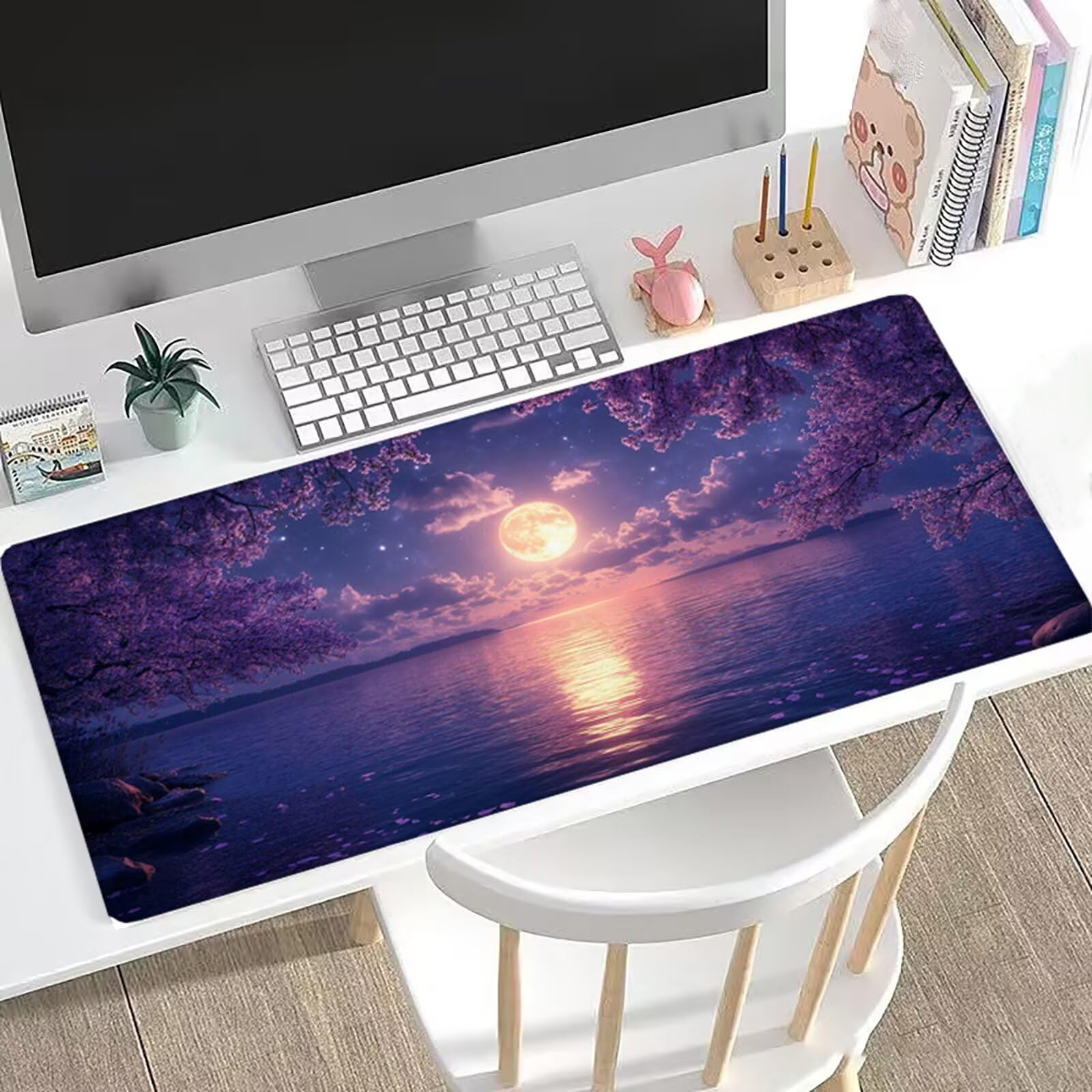 Gamingowa podkładka pod mysz z motywem księżyca, XXL, 150 x 80 cm, fioletowa, podkładka na biurko, zoptymalizowana precyzja i prędkość, z gumowaną antypoślizgową podstawą, wodoodporna mata na biurko