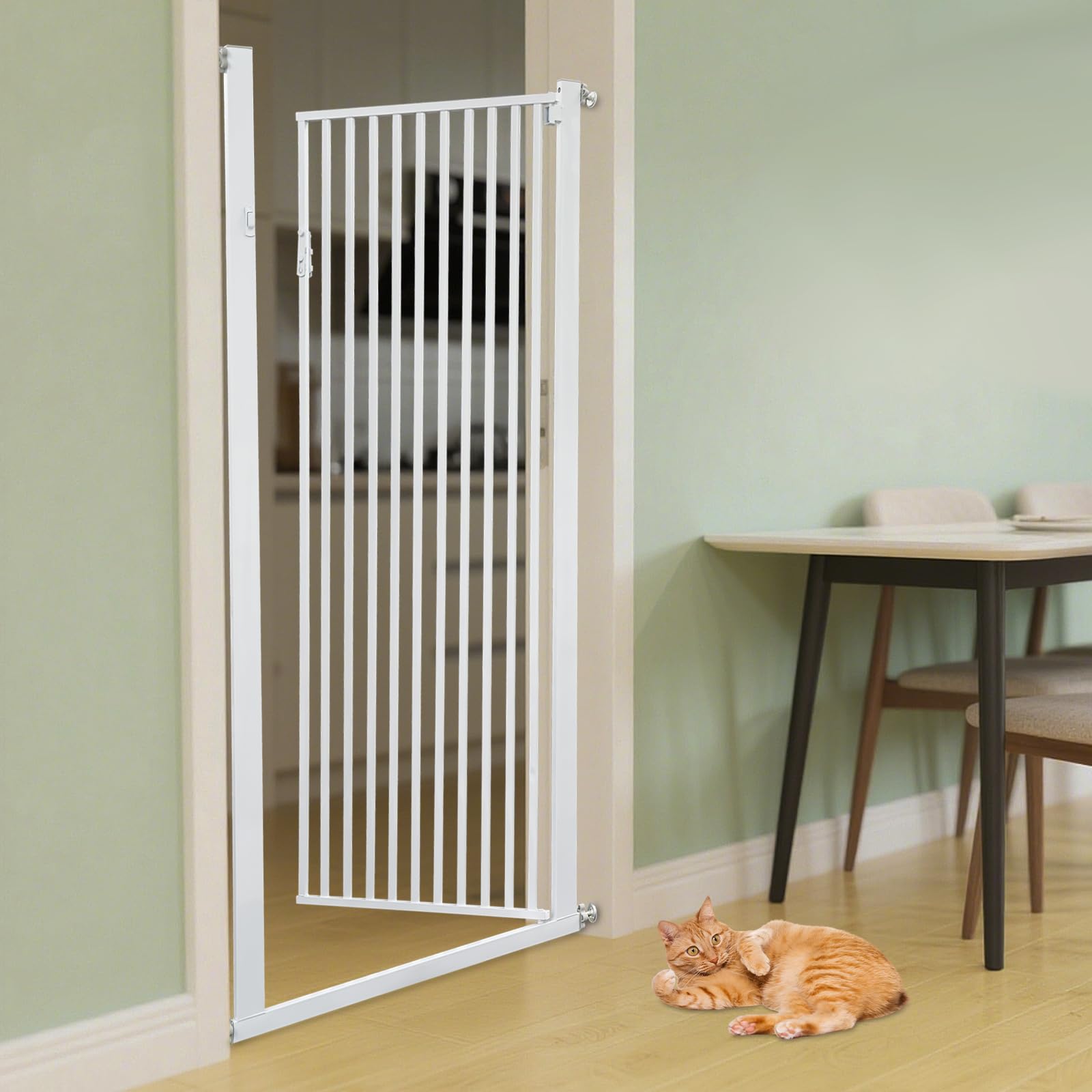 Barrera de seguridad para escaleras para niños, rejilla de puerta de 150 cm para gatos, rejilla de puerta sin perforación para bebés, gatos y perros | Ancho: 90-97 cm | Gira a ambos lados (270°