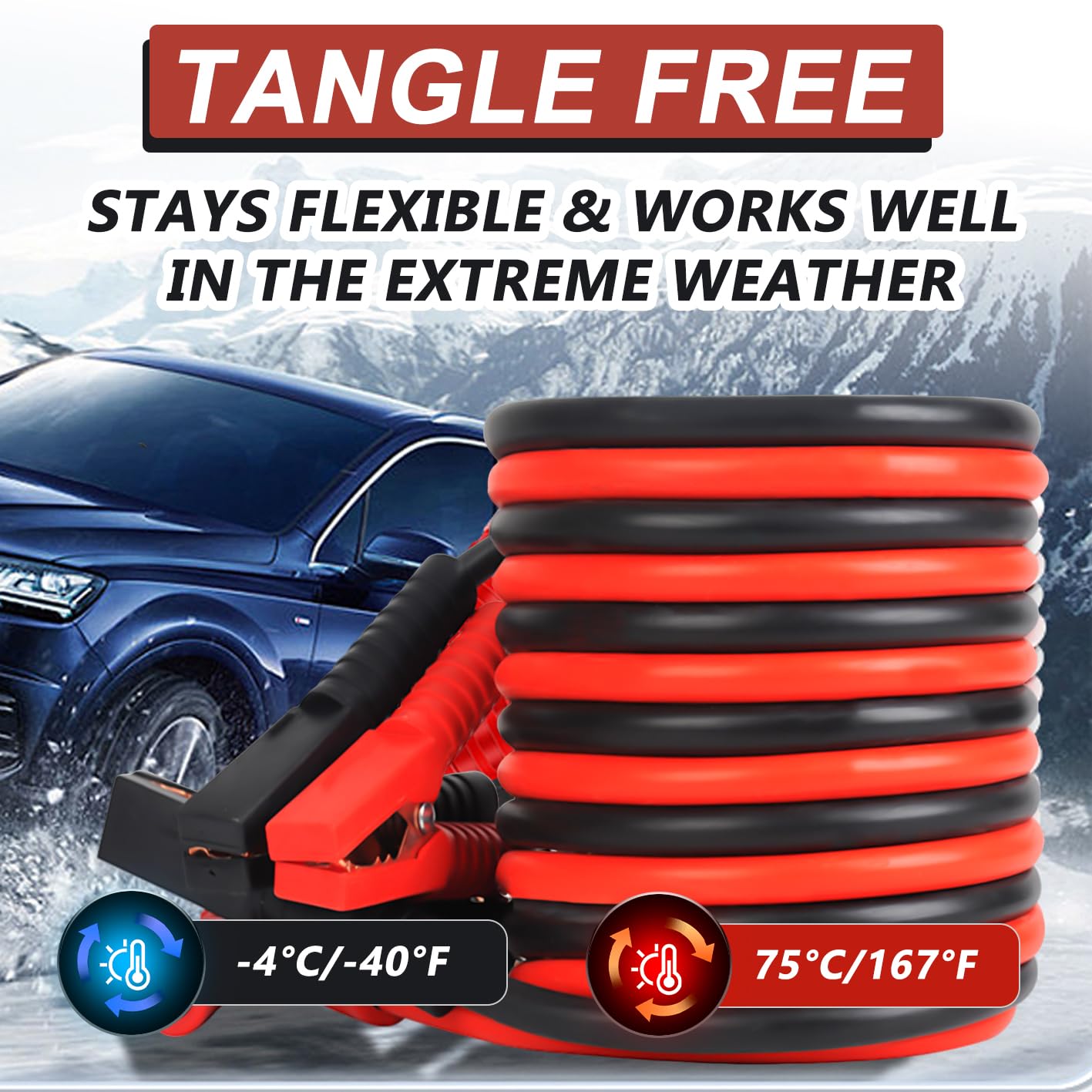 Câbles de démarrage de calibre 2/0, 7,6 m, 5000 A, câble de démarrage robuste pour voiture, camionnette, camion, câbles de démarrage automobile pour démarrage de batteries mortes et faibles, transfère