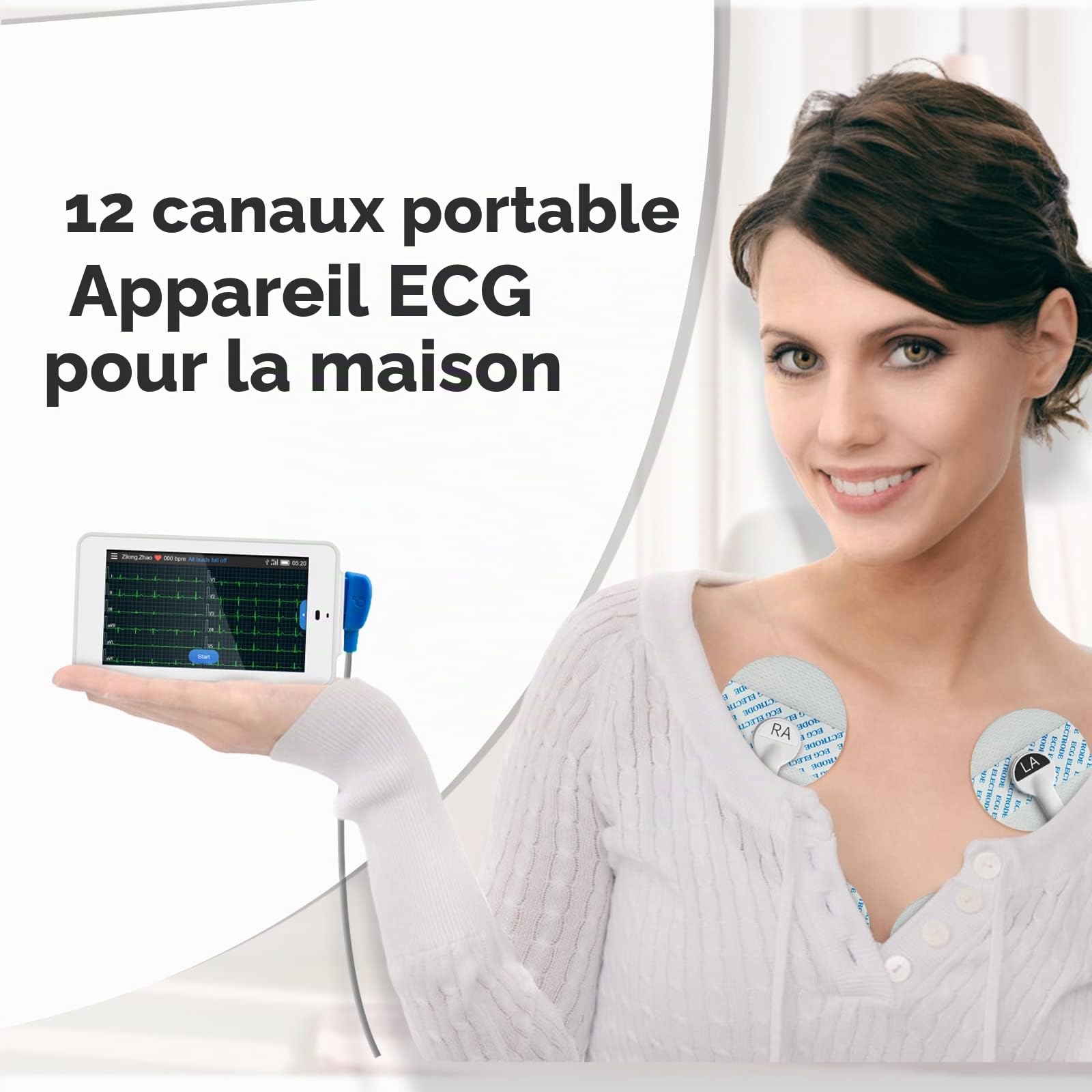 CheckMe ECG professionnel à 12 dérivations, ECG numérique avec algorithme de Glasgow, acquisition et analyse de données ECG en temps réel, transfert de données WIFI et impression de rapports