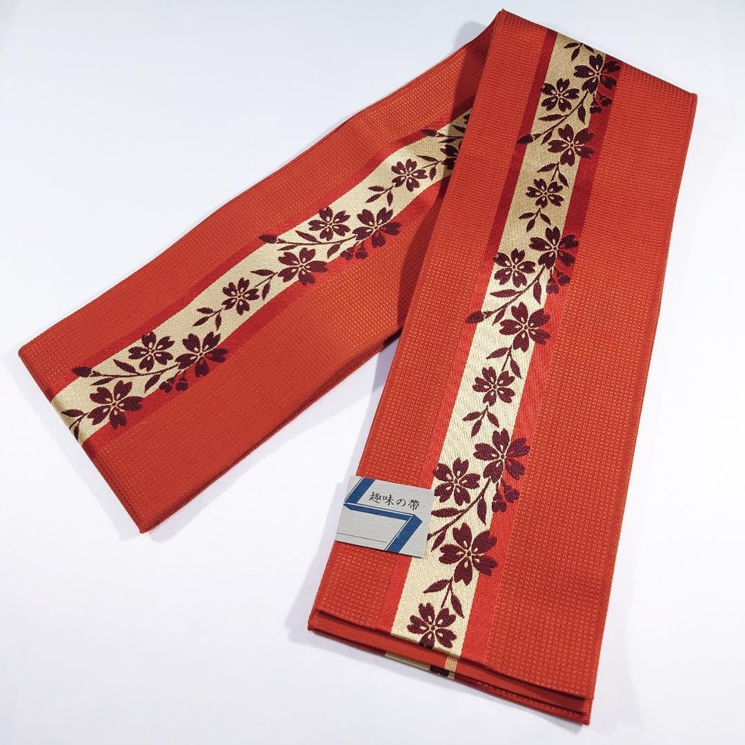 Amazon.co.jp: R6SK657 小袋帯 半幅帯 オレンジ ゴールド 花 桜 全通柄  