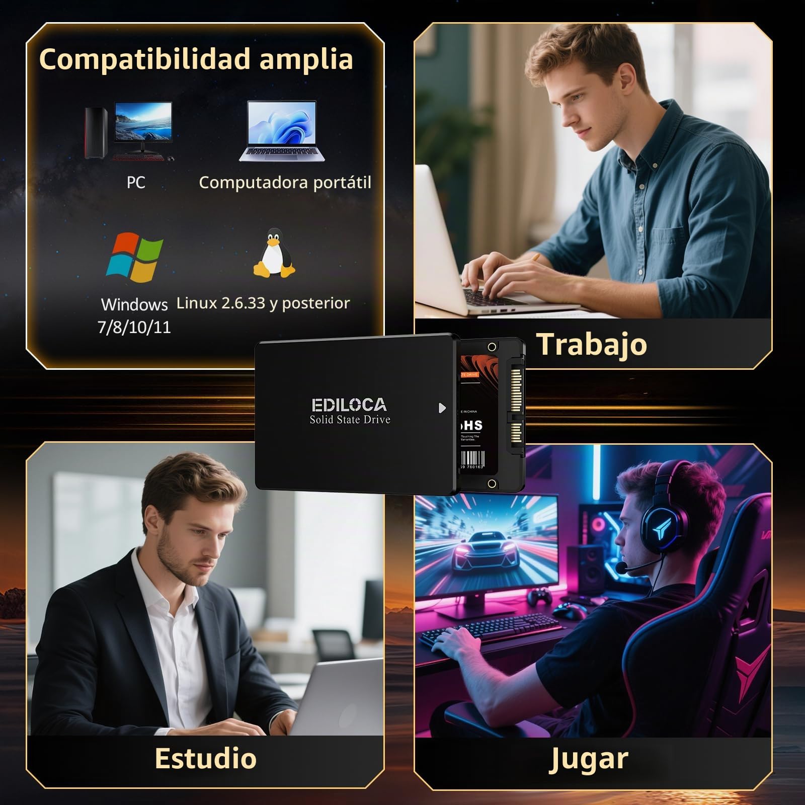 Ediloca ES106 - Disco Duro Interno SSD SATA III de 256 GB 3D TLC NAND Flash de 2.5 Pulgadas, hasta 550 MB/s de Lectura, actualización de Memoria y Almacenamiento de PC o portátil (Negro)