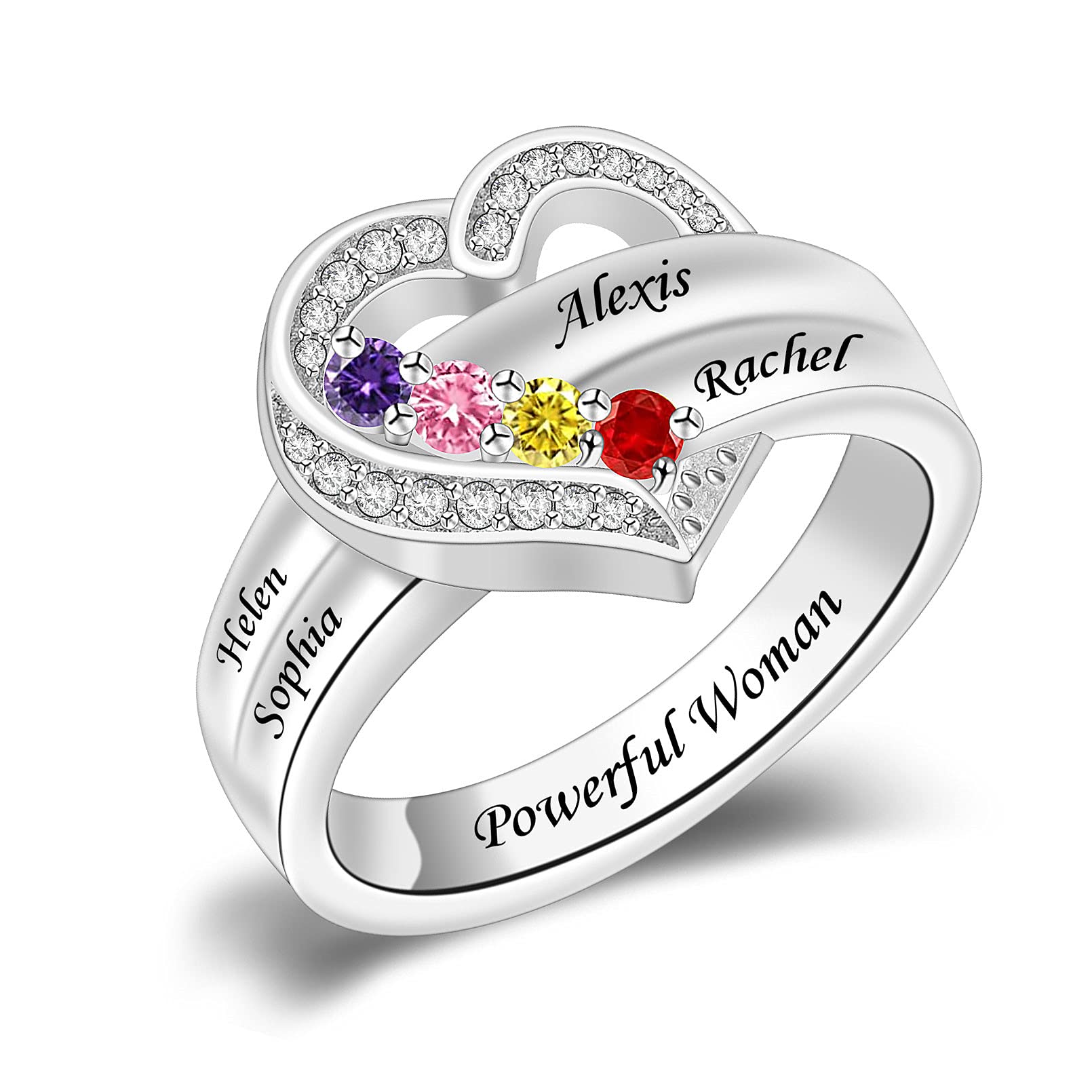 MissNaNa Personalized Mothers Rings with Simulated Birthstones Engraved 1-8 Family Names Mother's Day Rings Custom Love Heart Family Rings for Women