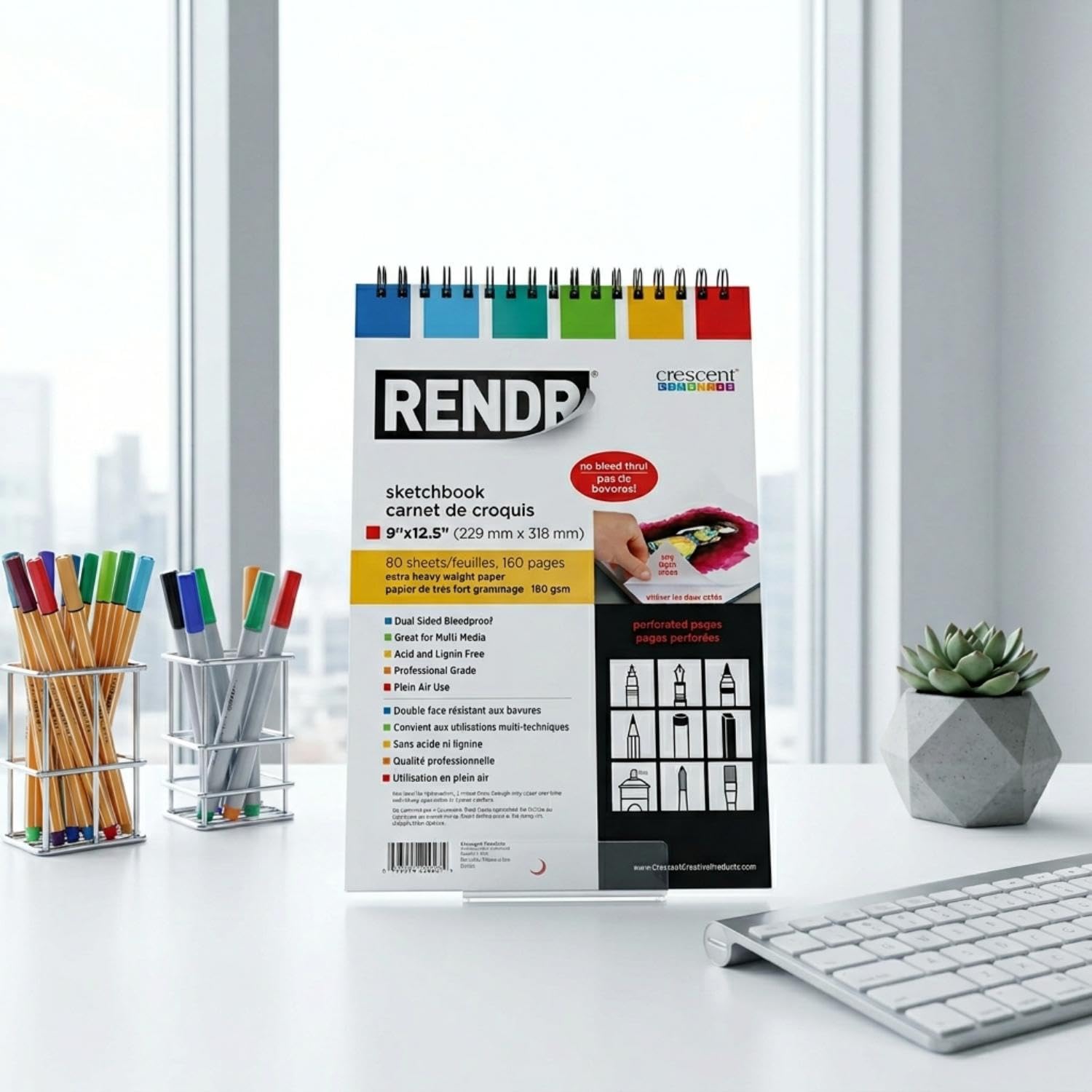 RENDR No Show Thru Pages perforées à spirales pour artiste, 22,9 x 31,8 cm, sans bavure, sans acide et sans lignine, 80 pages, tous supports, 180 g/m²