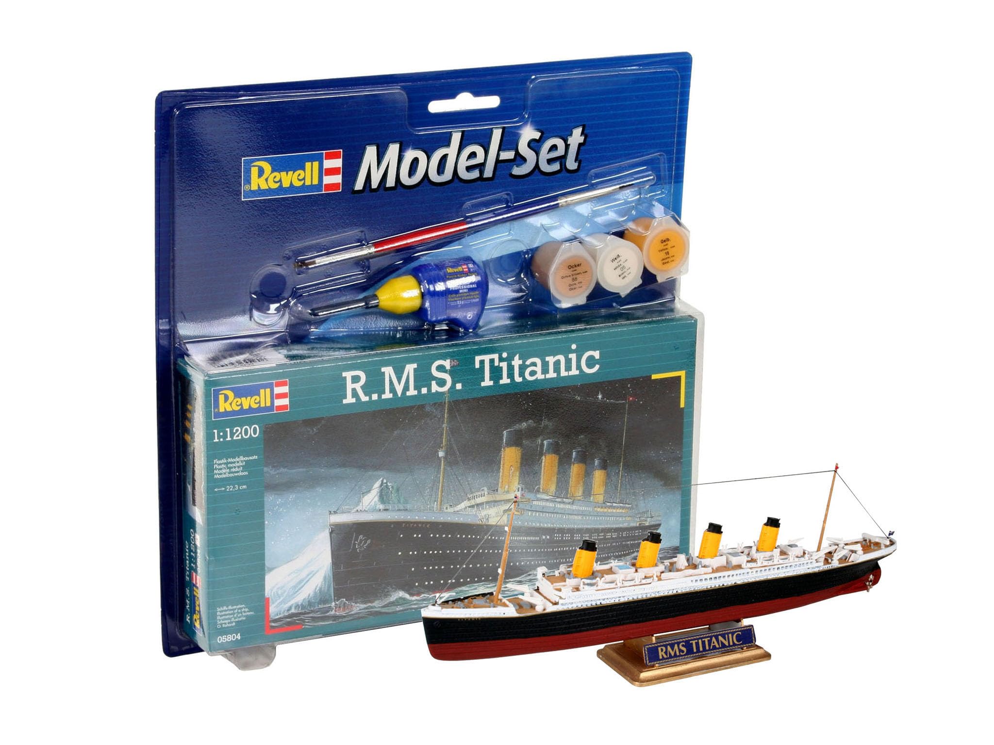 Revell Model Set 65804 R.M.S. Titanic 1:1200 Scale Unbuilt/Unpainted Plastic Model Kit with Contacta Professional Glue, Paintbrush & Selected Aqua Color Paints