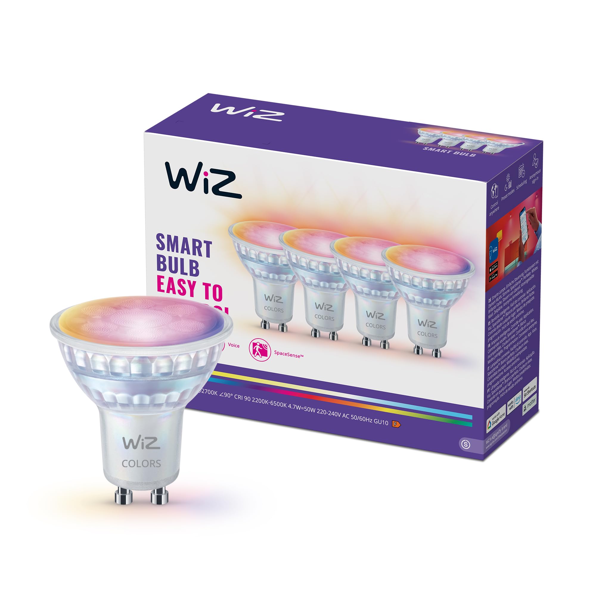 WiZ Smart LED Glass GU10 Spotlight, Full Color and Tunable White, 50 W Äquivalent, 2200–6500 K, 345 Lumen, dimmbar, kompatibel mit Alexa, Google Assistant und Apple Home, 4er-Pack