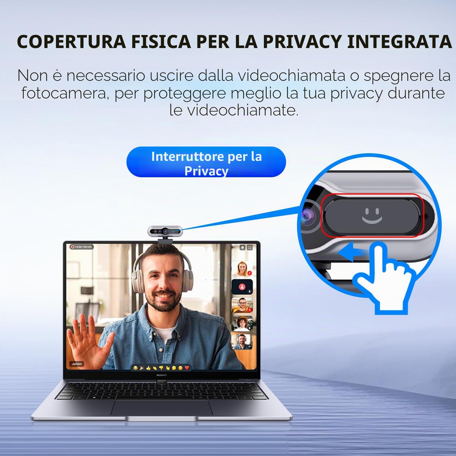 TOALLIN Webcam 2K con Windows Hello, riconoscimento facciale, 5 milioni di pixel, fotocamera per computer con autofocus, webcam USB con microfono e otturatore per la privacy