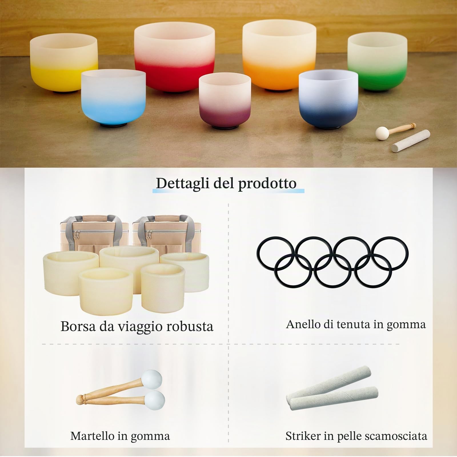 Hye-eun Set di campane tibetane in cristallo, 432 Hz, 6 – 12 pollici, gradiente di colore, cristallo singing bowl 7 chakren, set da meditazione per yoga, guarigione energetica, antistress