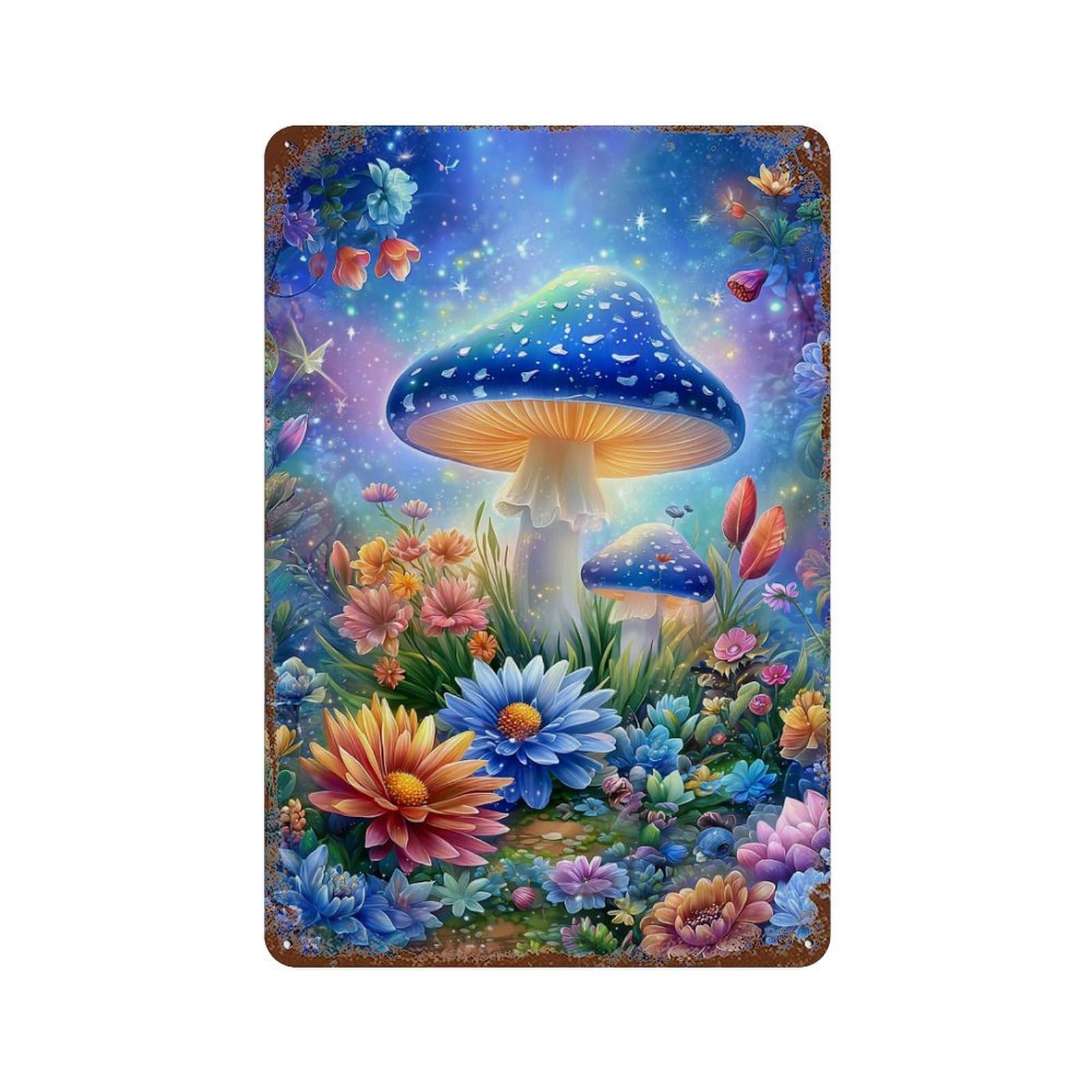 Vintage Rust Metal Sign Fantasy Mushroom Garden 11.8"x7.9", Old School Wall Decor for Garage, Bar And Workshop Decor