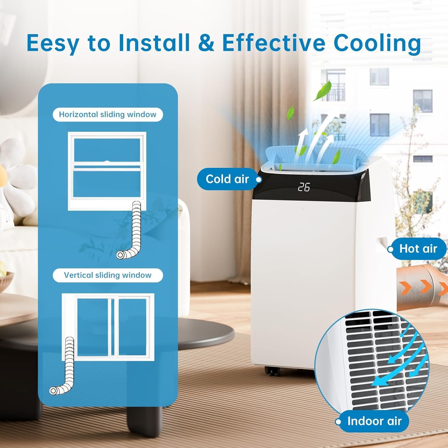 GarveeHome Condizionatore Portatile 12000 BTU 4in1 Funzionamento Silenzioso Display Digitale Telecomando Timer 24Ore Tubo Scarico Kit Finestra Raffreddamento fino 51m² Casa Ufficio (12000 BTU 4-in-1)