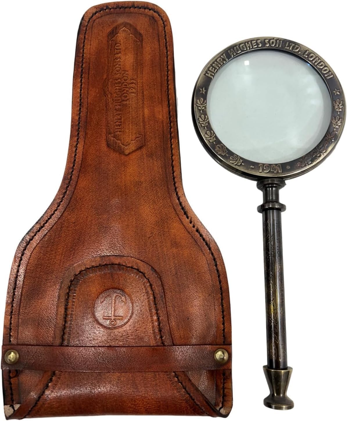 Brass Magnifying Glass with Leather Case – Antique Style 10 Inch Vintage Handheld Magnifier, Crystal Glass Lens, Detective Sherlock Holmes Reading Magnifier for Collectibles, Office Desk Décor, Gift