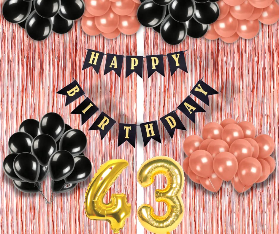 Image of 43rd Birthday Decoration items for Girls with Black and Rose Gold Balloons, Black Happy Birthday Banner, Rose Gold Foil Curtain, Foil Balloon number 43