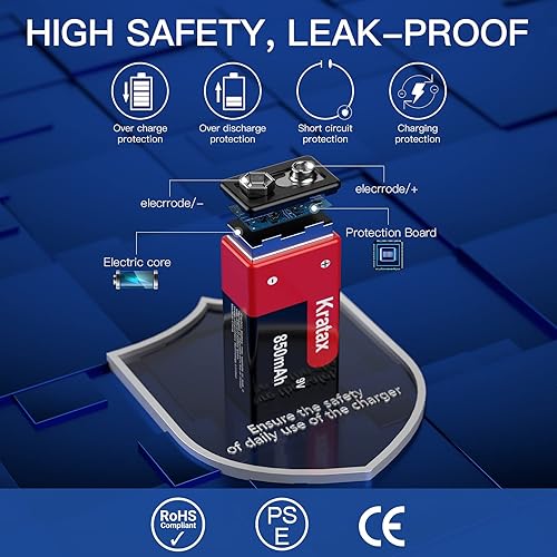 Miniatura 5 de 9v Rechargeable Batteries Kratax 850mAh High Capacity 9volt 6F22 Lithium-ion Battery, 8.7V, 1000 cycles, for Smoke Alarms, Guitar, Cameras, Walkie