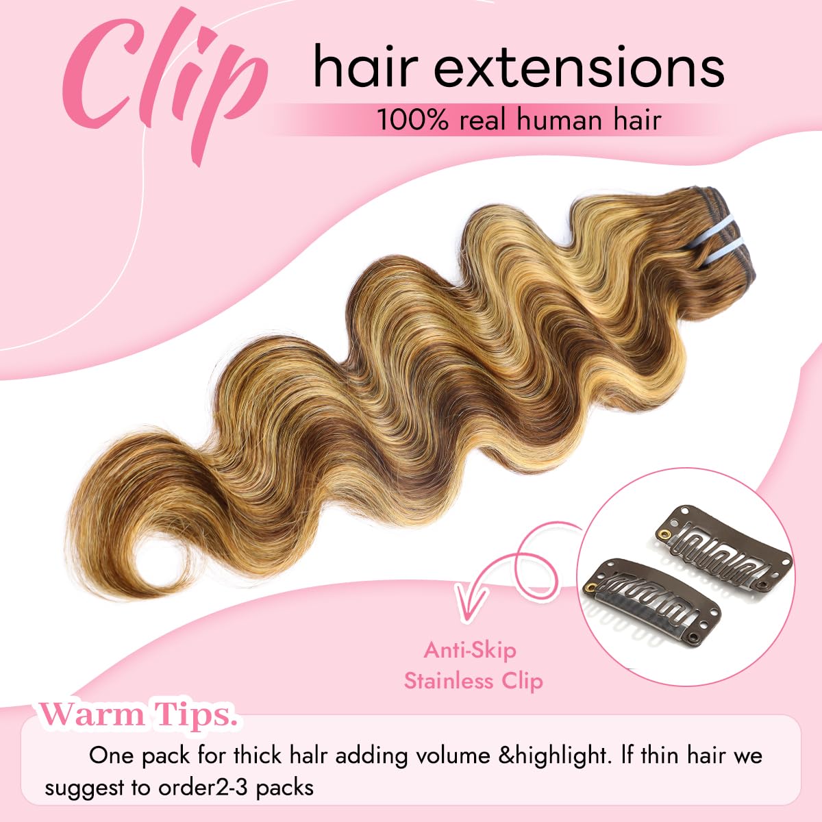 Clip in Hair Extensions Real Human Hair Body Wave #4/27 Chocolate Brown to Honey Blonde 100% Brazilian Remy Human Hair Extensions 8pcs Per Set with 18 Clips Double Weft 20 Inch 105g/3.6oz