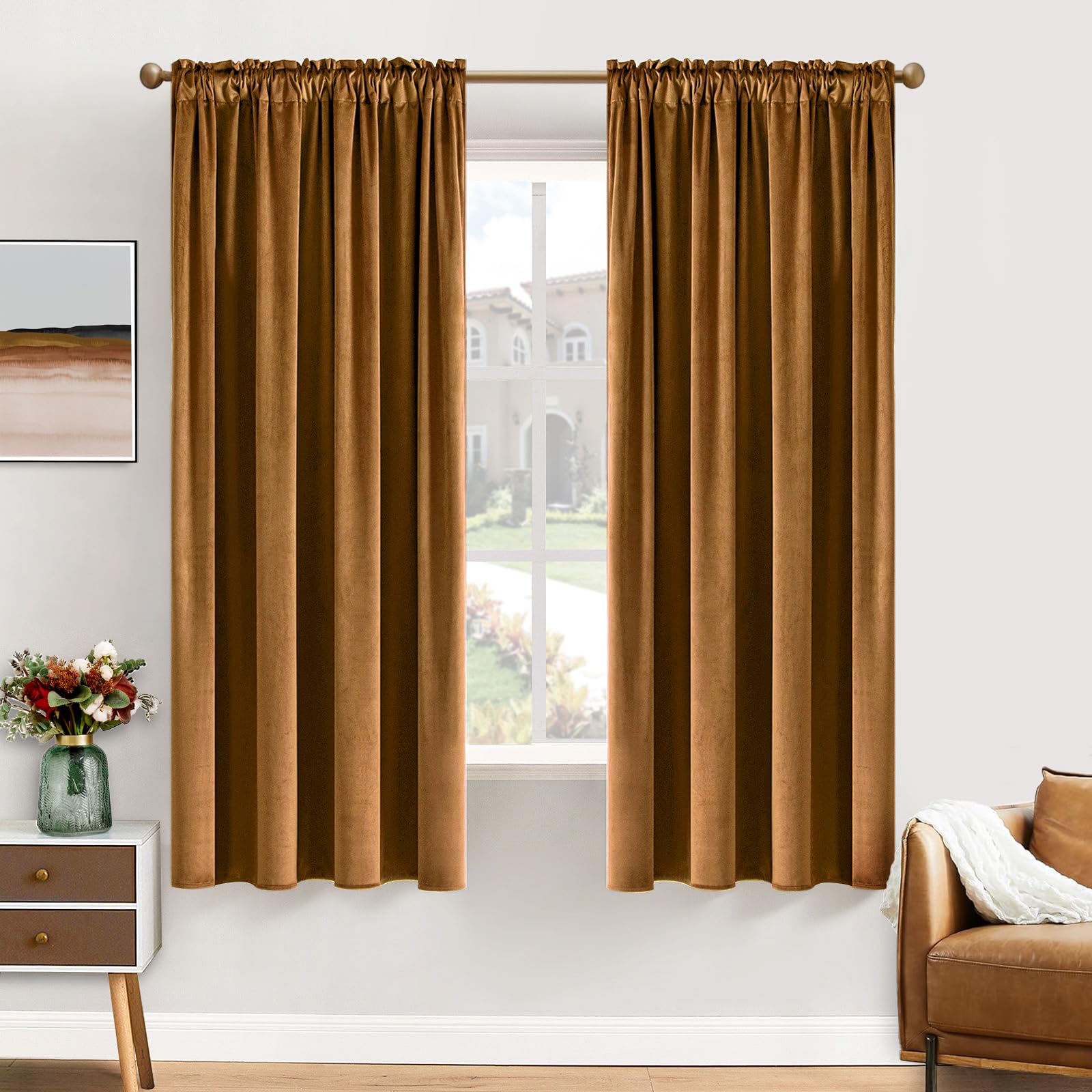MIULEE Golden Brown Blackout Velvet Curtains Drapes 63 Inch Long 52"x63"