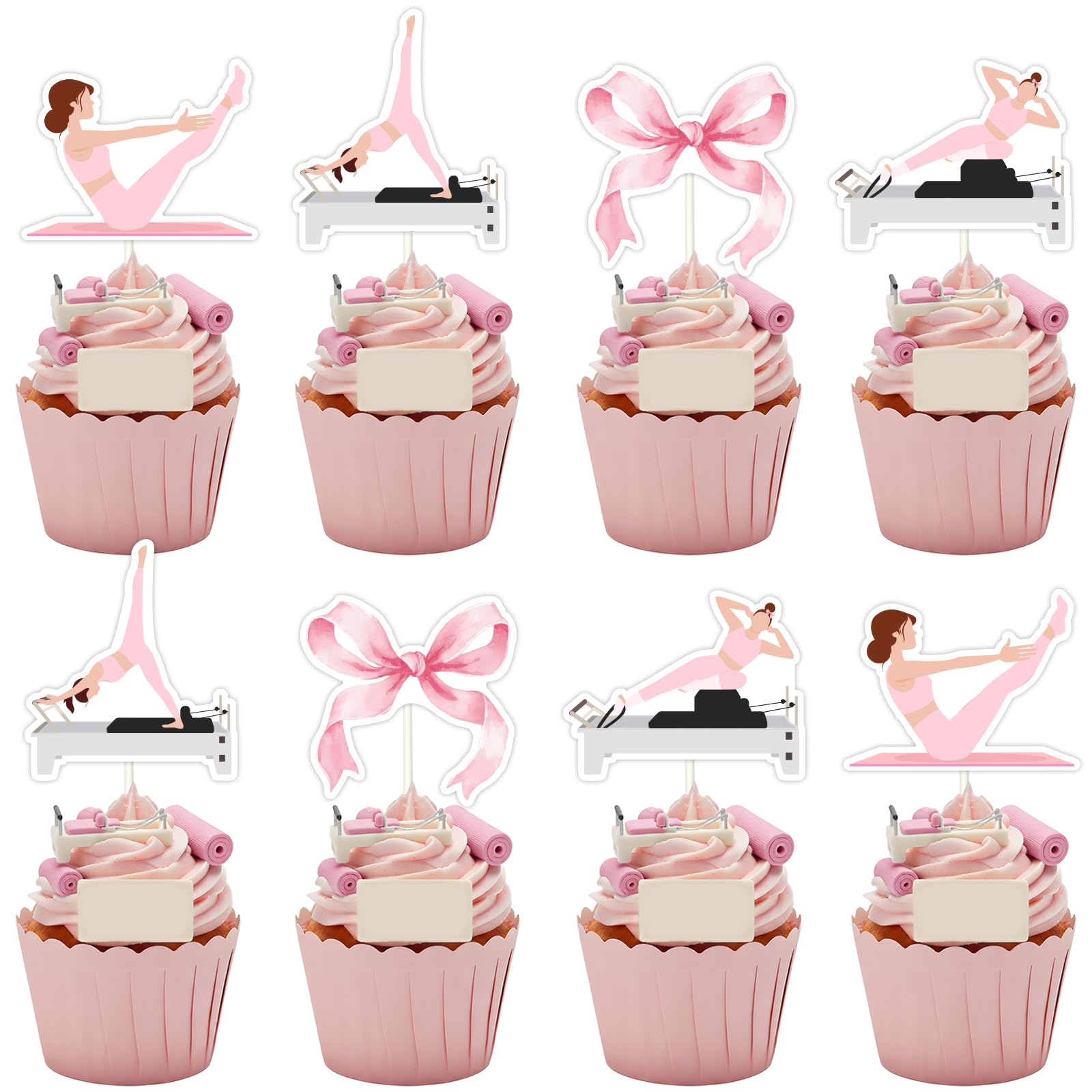 JOYMEMO 24 Pcs Pink Pilates and Pink Bow Theme Cupcake Toppers