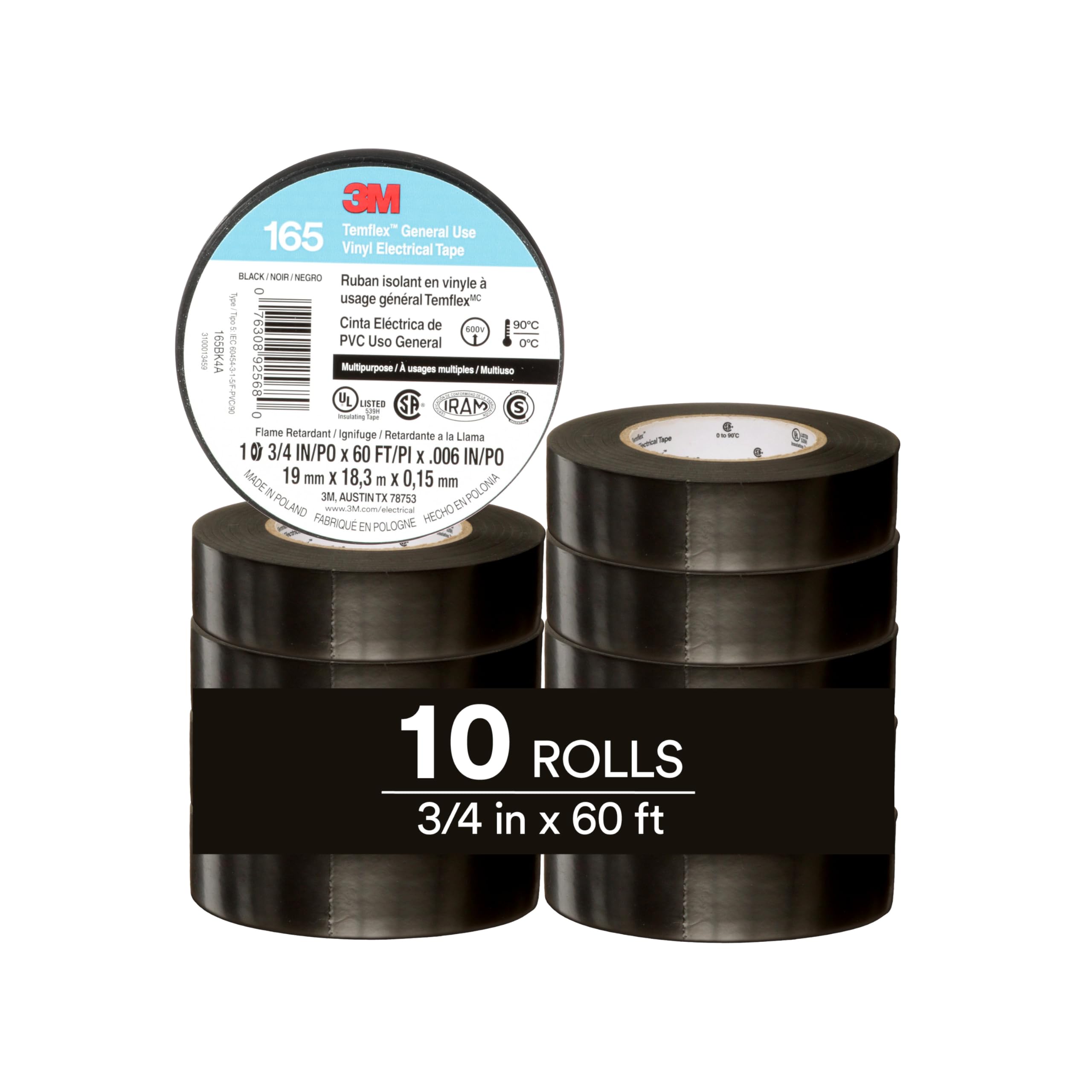 3M Temflex 165 Solvent-Free Vinyl Electrical Tape: 3/4 in. x 60 ft. (Black) / 10-pack