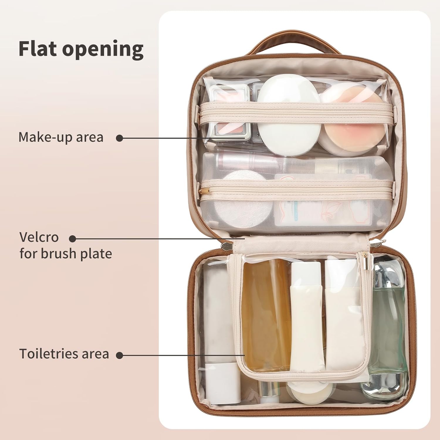 RIGHT AWAY Travel Toiletry Bag for Women, Makeup Bag& Cases, Waterproof Makeup Organizer Cosmetic Bag with Compartments,Portable Make Up Bag for Travel Size Toiletries,Skincare,Brushes Set,Brown