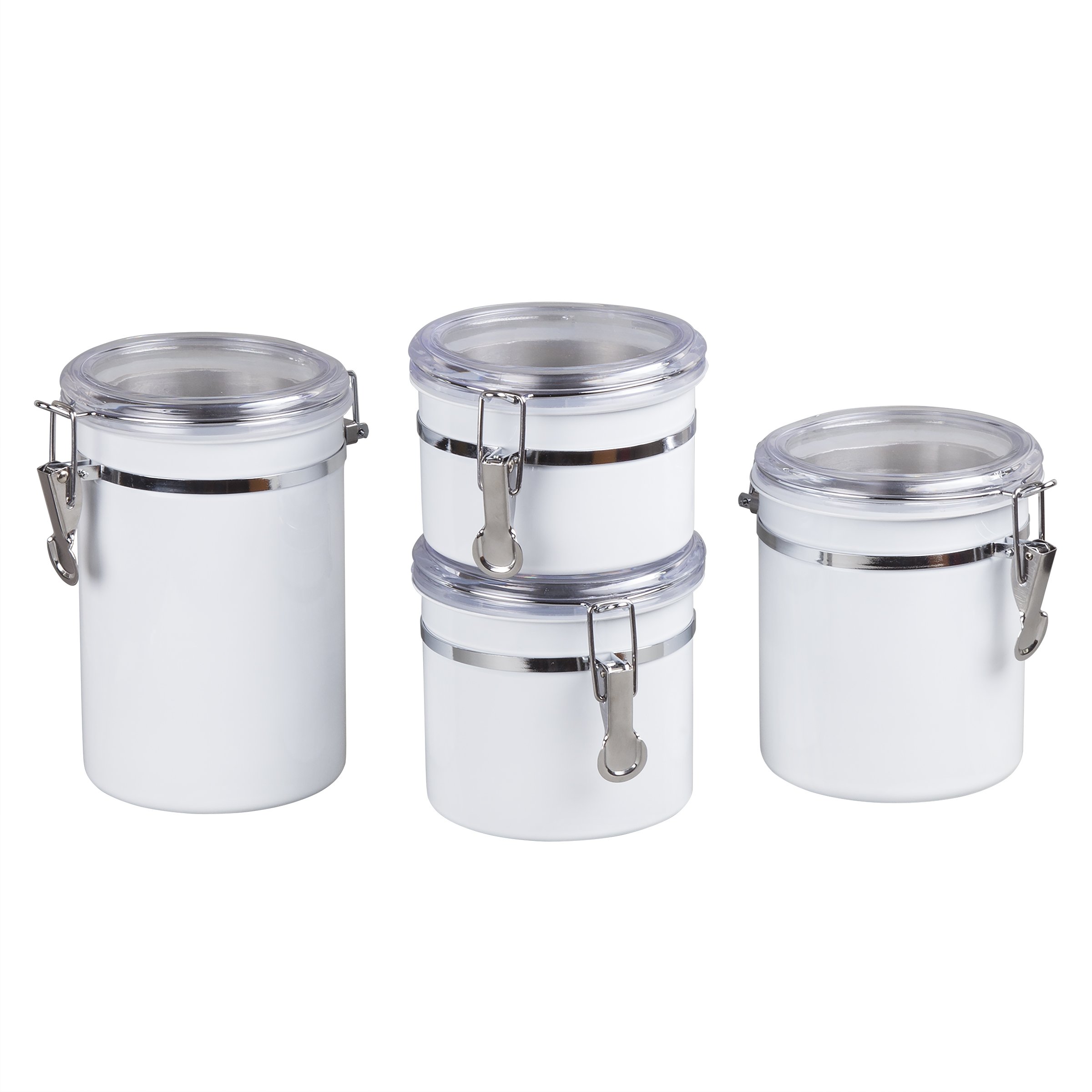 Creative Home Set of 4 Pieces Stainless Steel Kitchen Storage Jar Container Canister with Clear Airtight Lid and Locking Clamp for Food, Cookie, Flour, Sugar, Tea, Coffee Storage, White