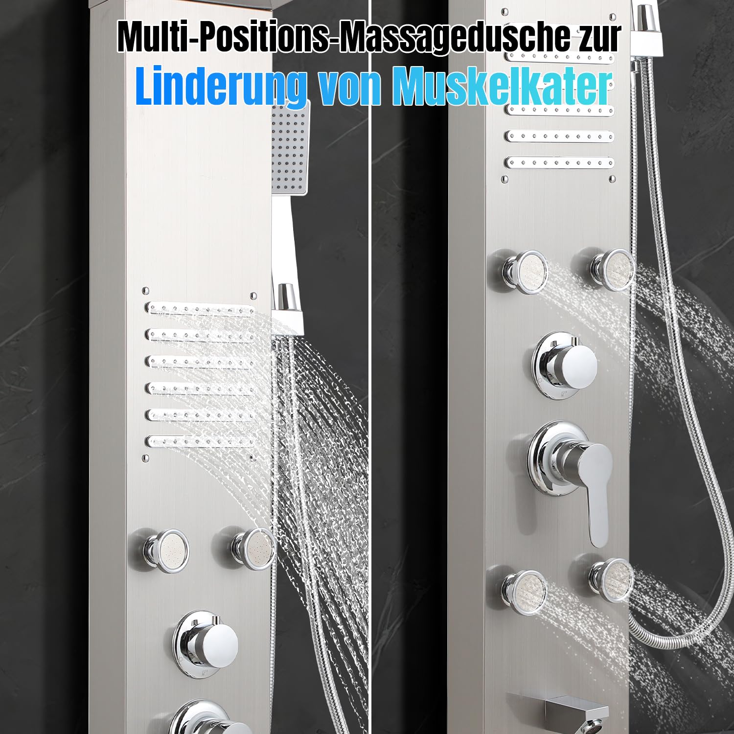 Duschpaneel mit Armatur, 5 Funktionen Duschpaneel, Verstellbare Massagedüsen, Ausgestattet mit PVC-explosionsgeschütztem Schlauch, Wandduschpaneel Multifunktions Duschsäule, Edelstahl