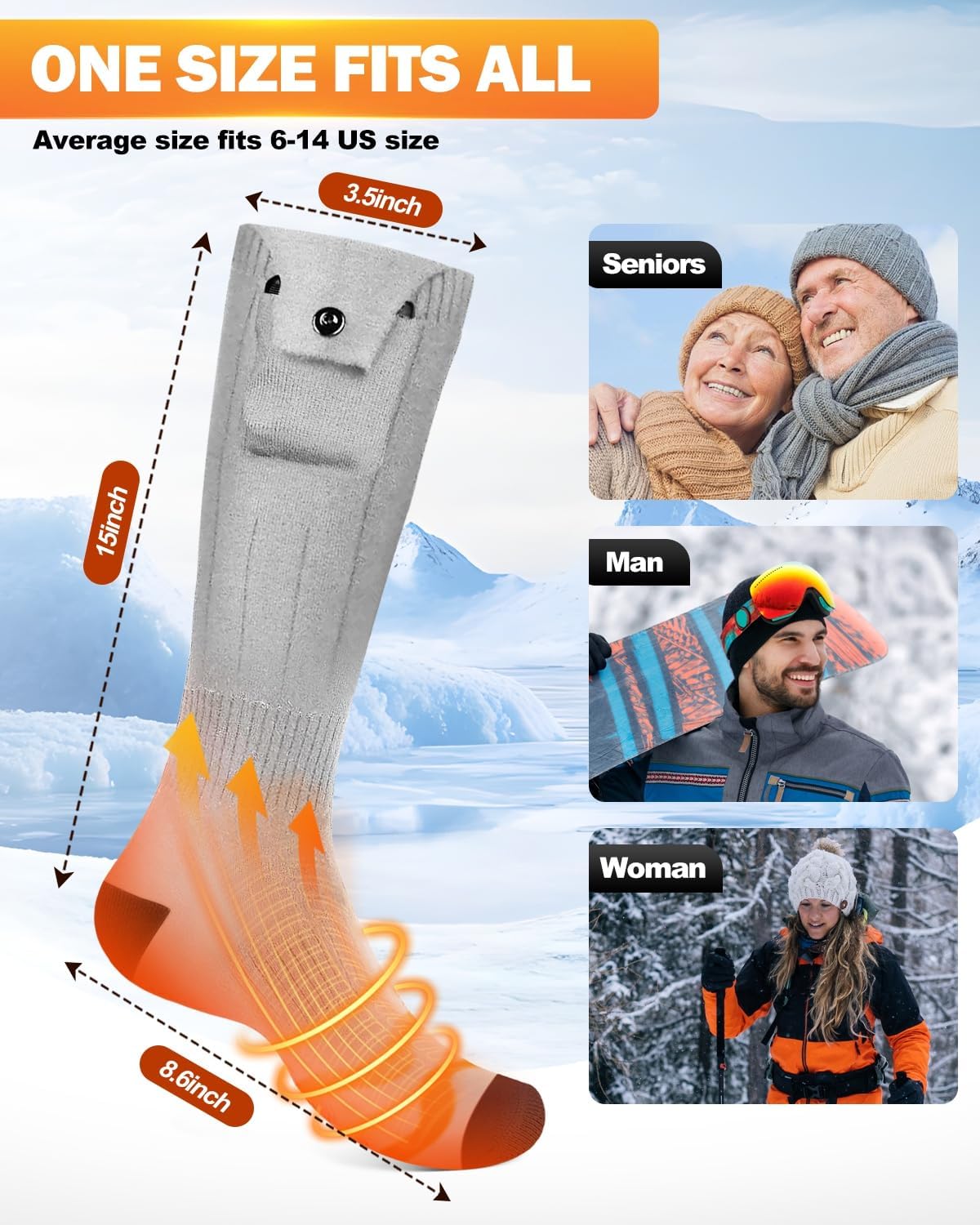 Electric Heated Socks, 3 Heating Settings Washable Heated Sock for Fishing Skiing Hiking Skating, Stocking Stuffers, 5000mAh Rechargeable Electric Socks for Men Women - Image 3
