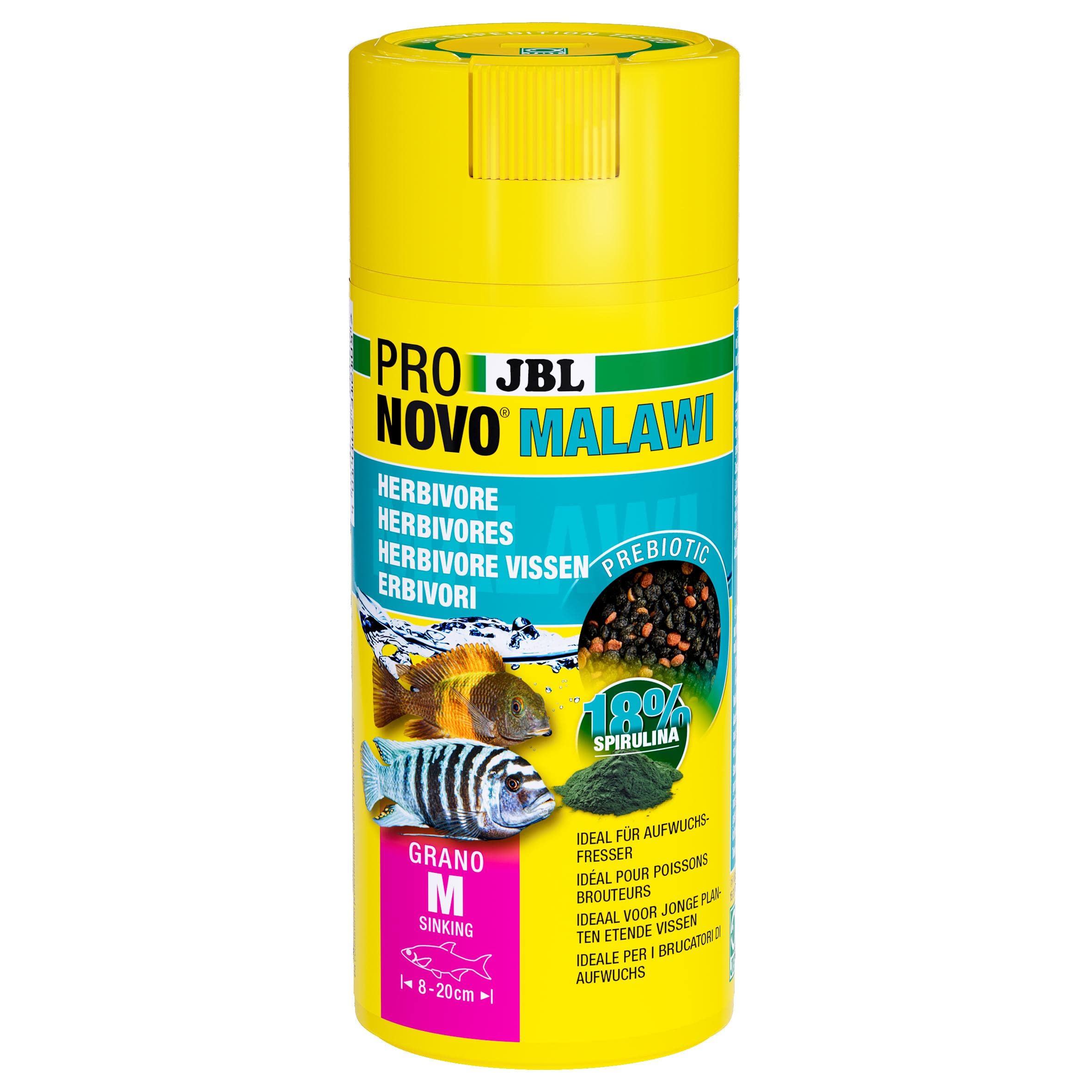 JBL PRONOVO MALAWI GRANO, primary food for all cichlids 8-20 cm, click dispenser, fish feed pellets, size M, 250 ml
