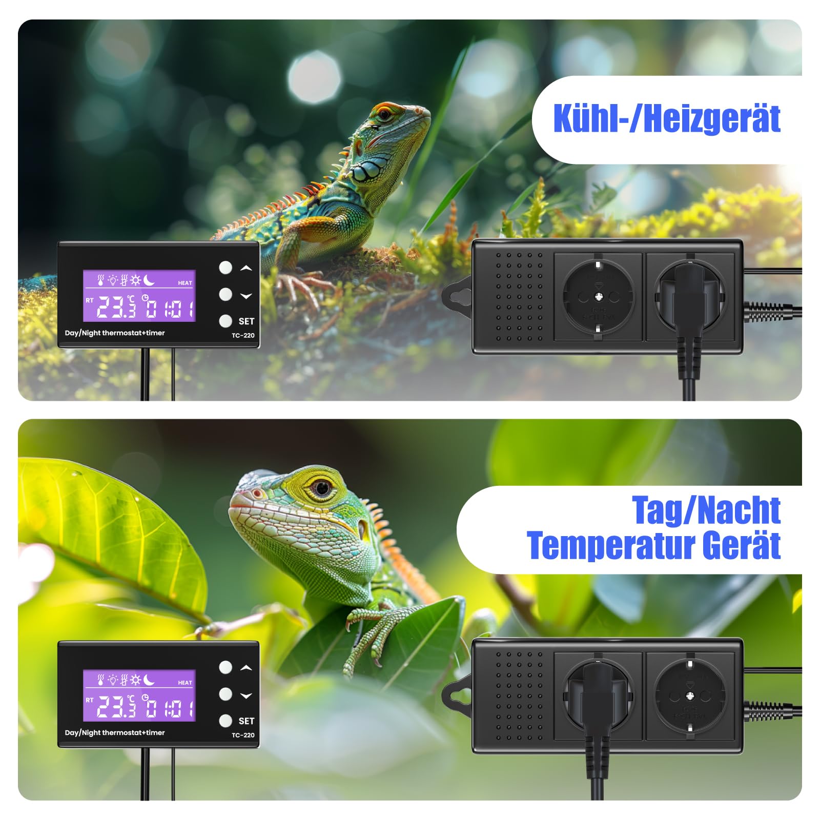 GlowUp 220V Reptilien Digital Thermostat Temperaturregler mit Heizung oder Kühlung, Tag Nacht Timer Stecker Steckdose Temperaturregler für Inkubator Gewächshaus Brühlüfter Kühlschrank Aquarium